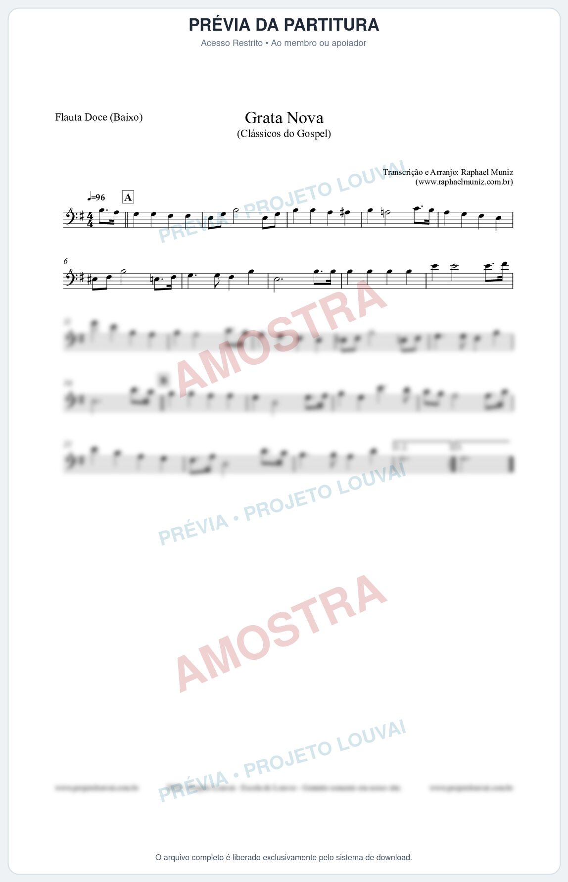 Prévia protegida da primeira página da partitura Partitura para Flauta Doce (Baixo) - Grata Nova - Harpa Cristã 18 (Tom Em) - Clássicos do Gospel