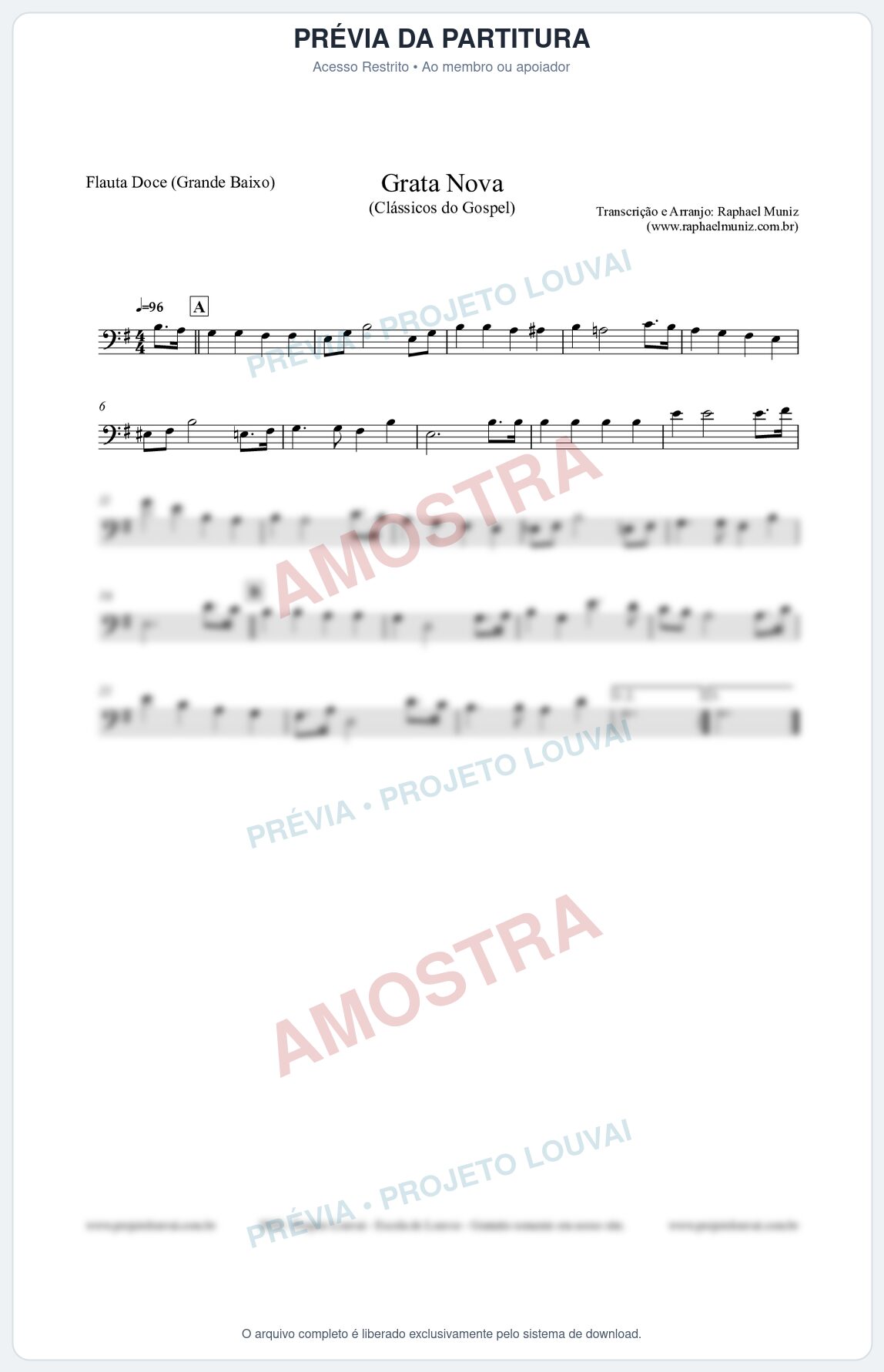 Prévia protegida da primeira página da partitura Partitura para Flauta Doce (Grande Baixo) - Grata Nova - Harpa Cristã 18 (Tom Em) - Clássicos do Gospel