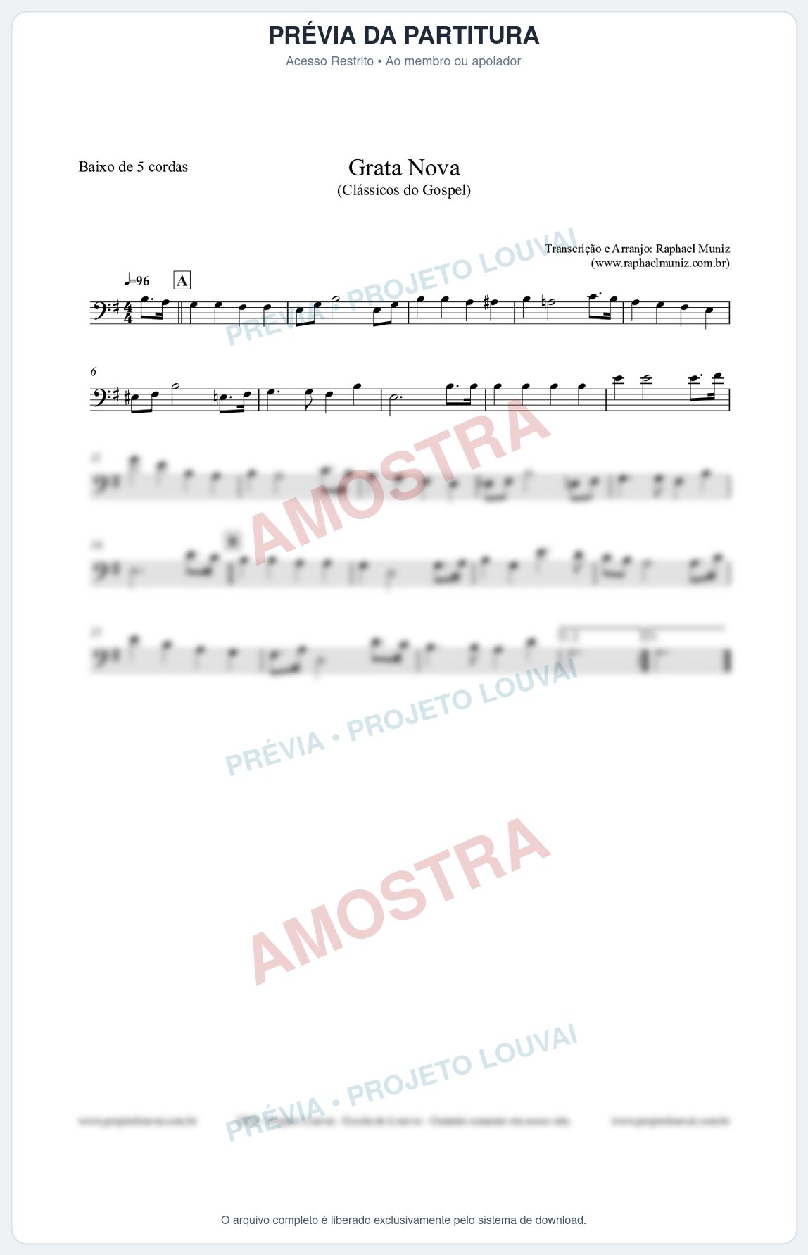Prévia protegida da primeira página da partitura Partitura para Baixo de 5 cordas - Grata Nova - Harpa Cristã 18 (Tom Em) - Clássicos do Gospel