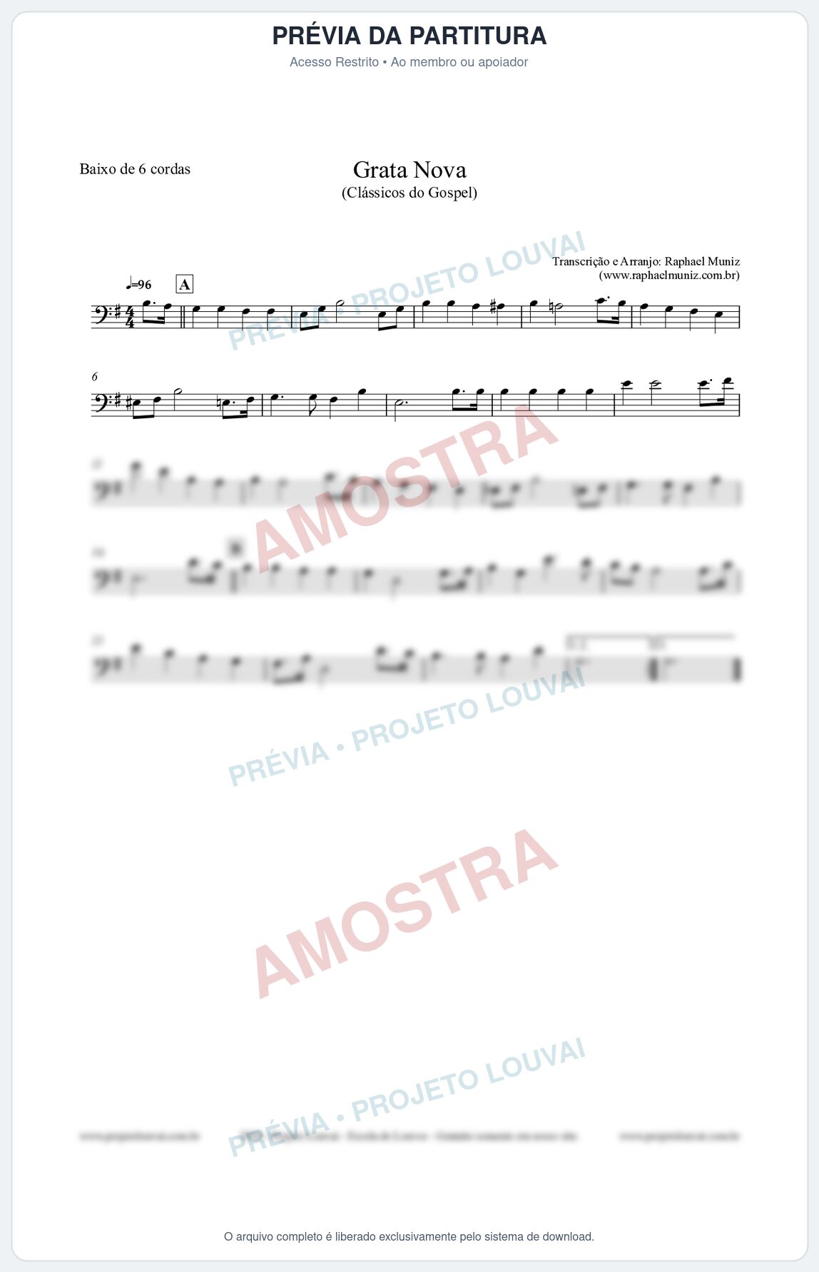 Prévia protegida da primeira página da partitura Partitura para Baixo de 6 cordas - Grata Nova - Harpa Cristã 18 (Tom Em) - Clássicos do Gospel