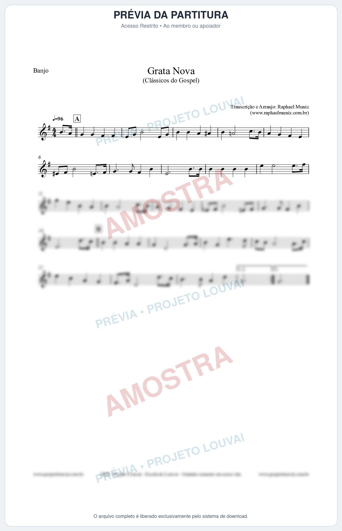 Prévia protegida da primeira página da partitura Partitura para Banjo - Grata Nova - Harpa Cristã 18 (Tom Em) - Clássicos do Gospel