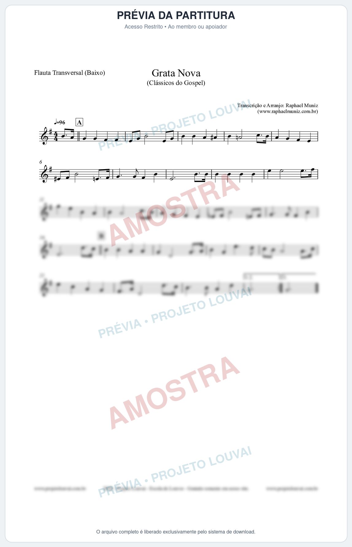 Prévia protegida da primeira página da partitura Partitura para Flauta Transversal (Baixo) - Grata Nova - Harpa Cristã 18 (Tom Em) - Clássicos do Gospel