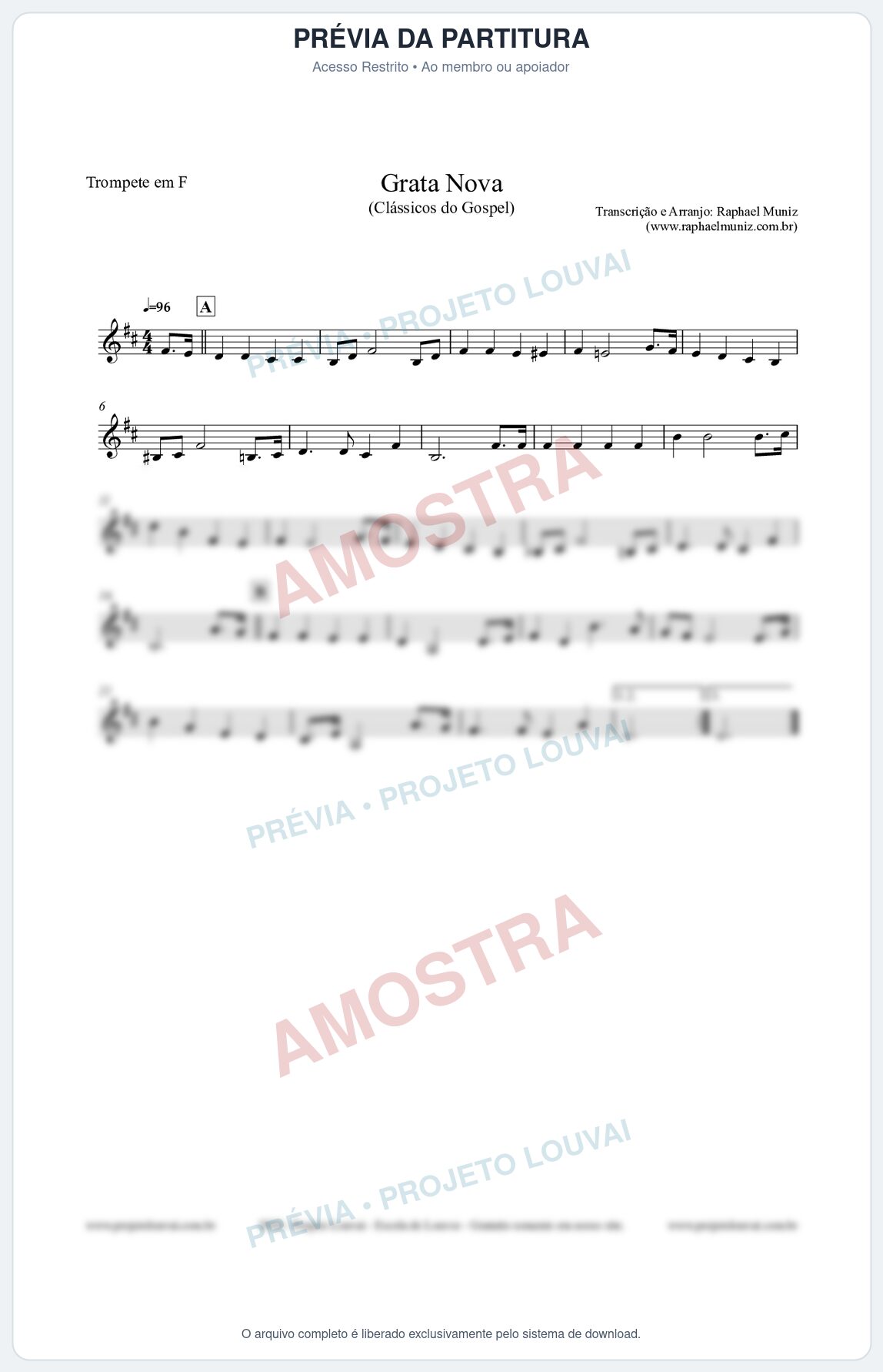 Prévia protegida da primeira página da partitura Partitura para Trompete em F - Grata Nova - Harpa Cristã 18 (Tom Em) - Clássicos do Gospel