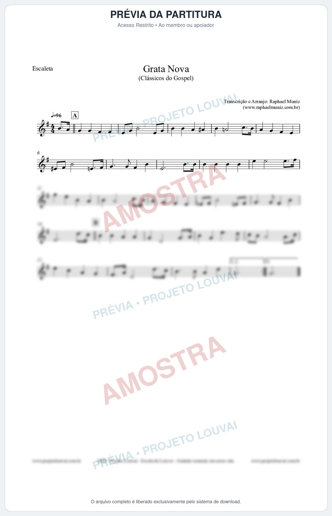 Prévia protegida da primeira página da partitura Partitura para Escaleta - Grata Nova - Harpa Cristã 18 (Tom Em) - Clássicos do Gospel