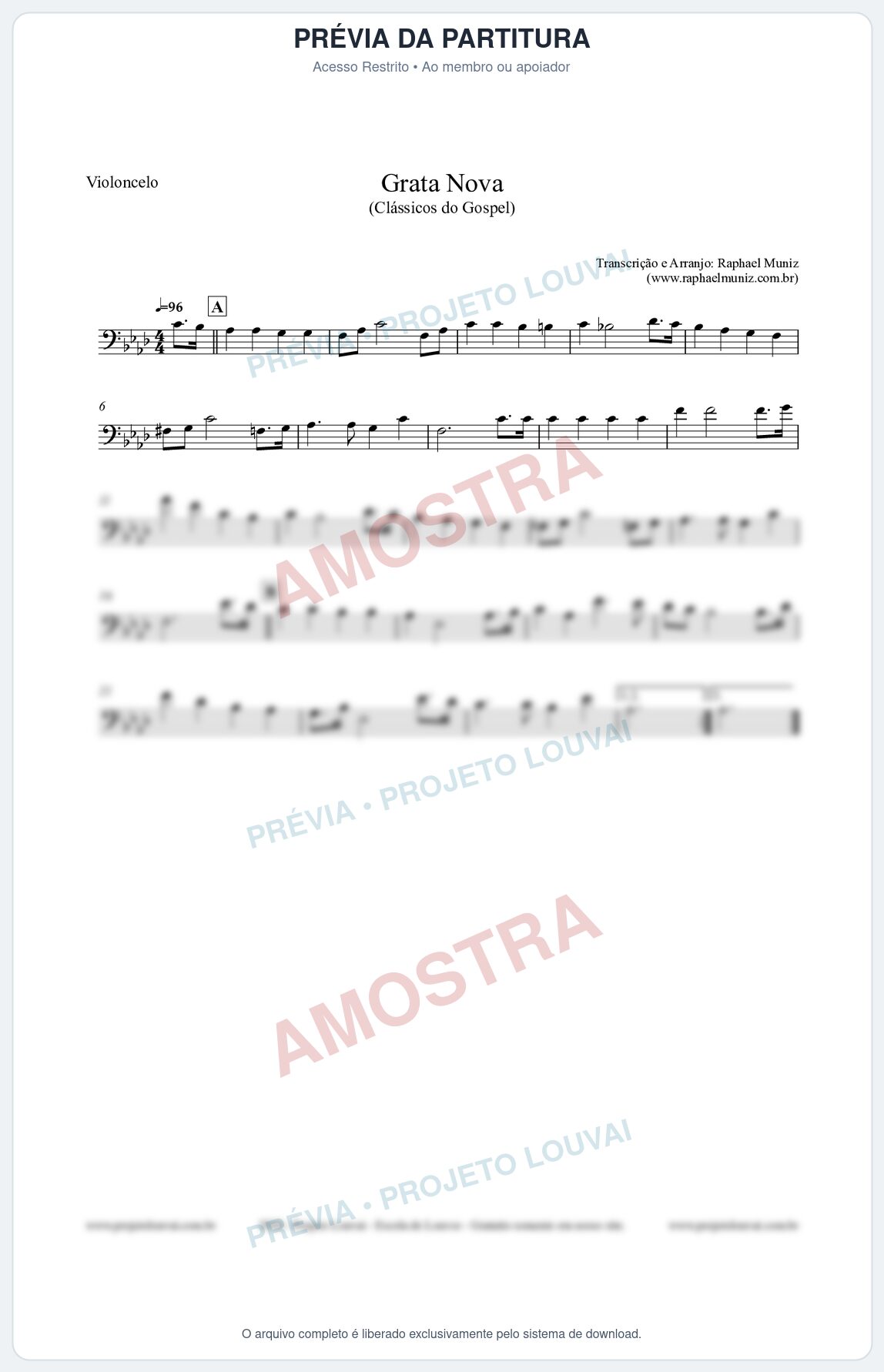 Prévia protegida da primeira página da partitura Partitura para Violoncelo - Grata Nova - Harpa Cristã 18 (Tom Fm) - Clássicos do Gospel