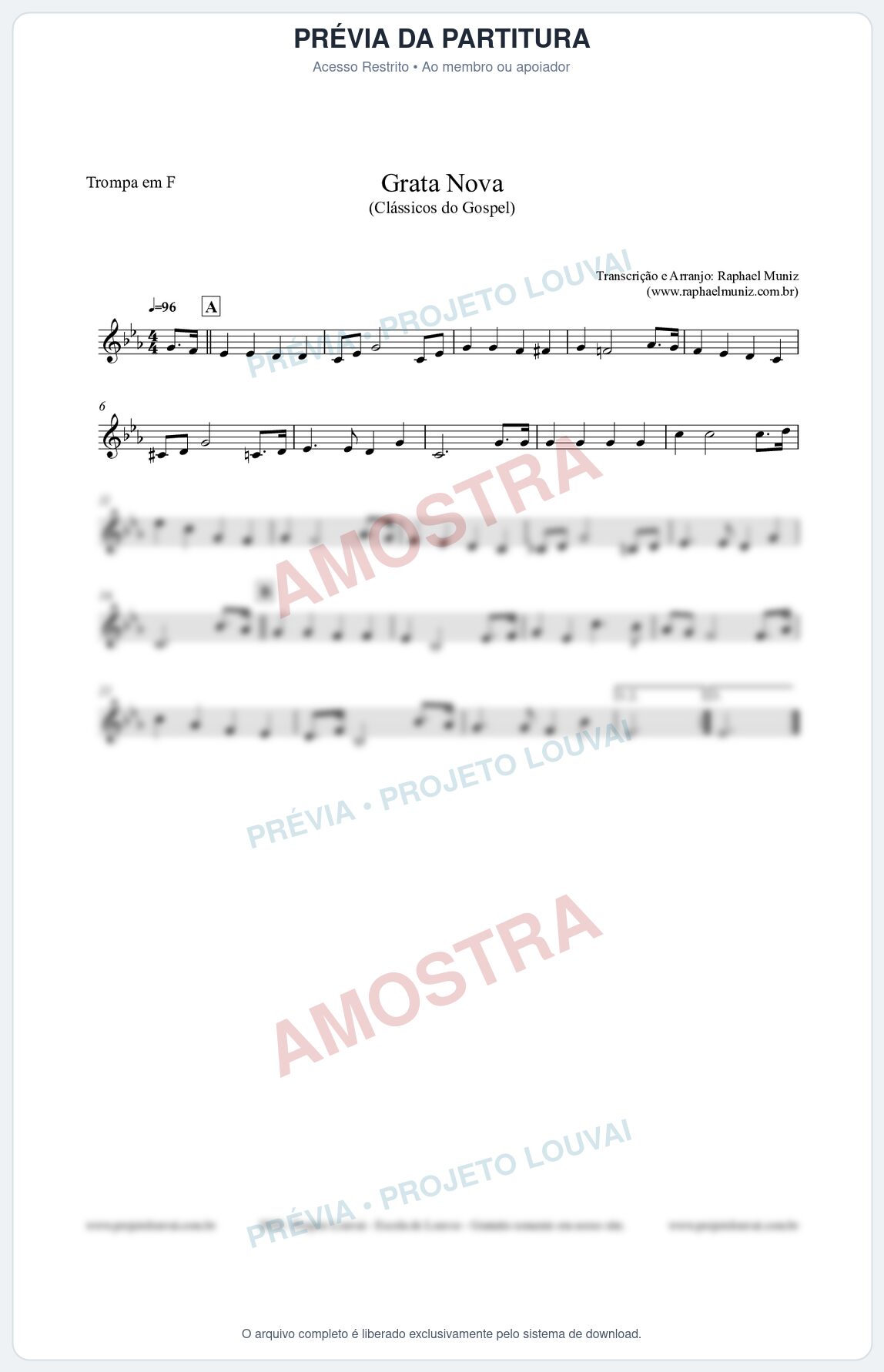 Prévia protegida da primeira página da partitura Partitura para Trompa em F - Grata Nova - Harpa Cristã 18 (Tom Fm) - Clássicos do Gospel