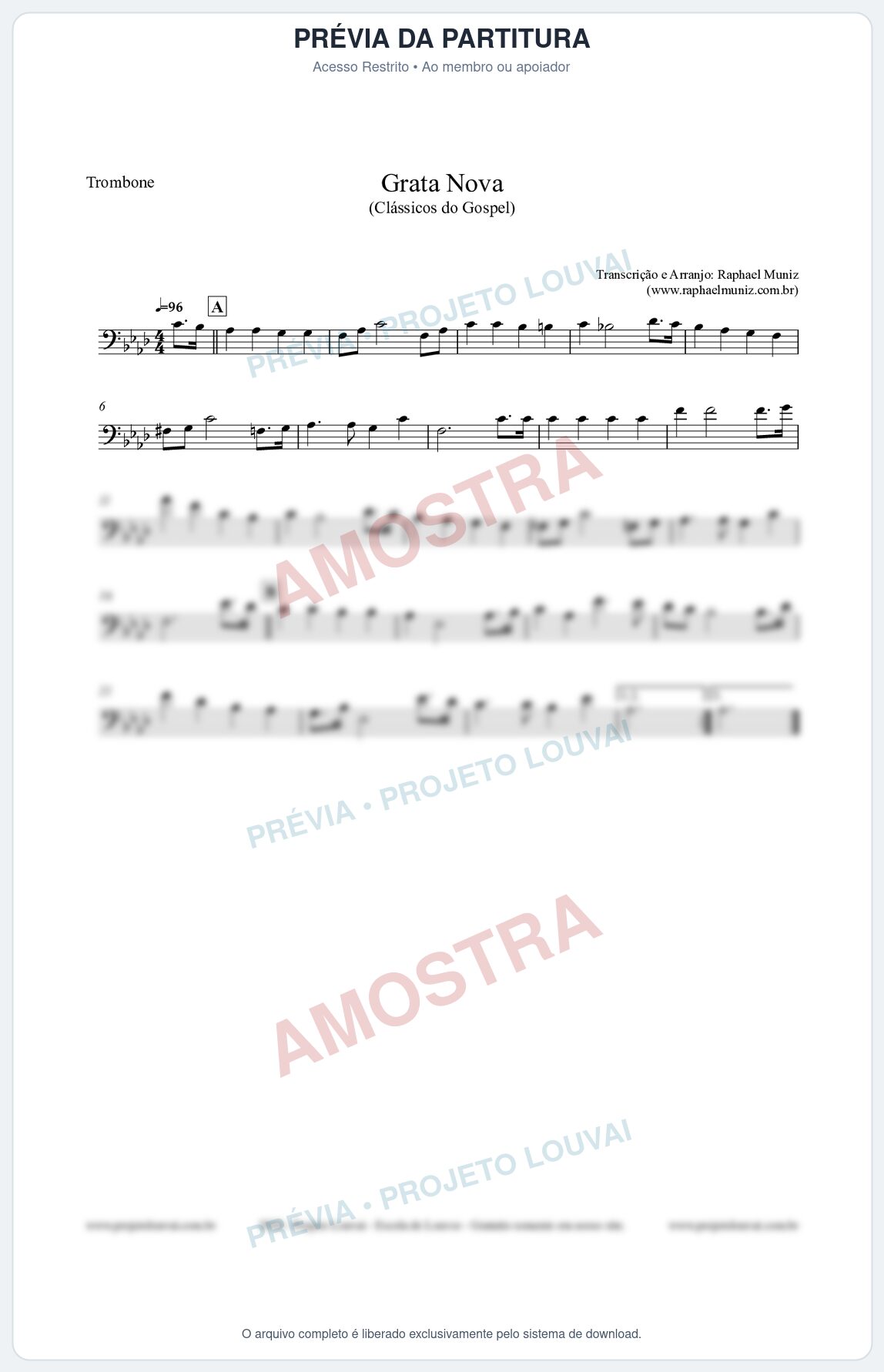 Prévia protegida da primeira página da partitura Partitura para Trombone - Grata Nova - Harpa Cristã 18 (Tom Fm) - Clássicos do Gospel