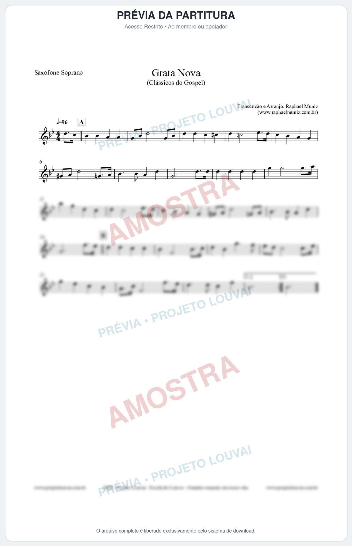 Prévia protegida da primeira página da partitura Partitura para Saxofone Soprano - Grata Nova - Harpa Cristã 18 (Tom Fm) - Clássicos do Gospel