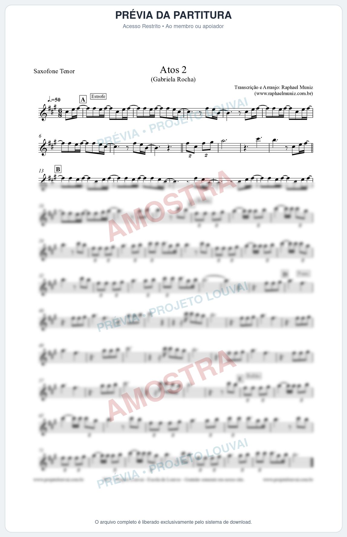 Prévia protegida da primeira página da partitura Partitura para Sax Tenor - Atos 2  - Gabriela Rocha