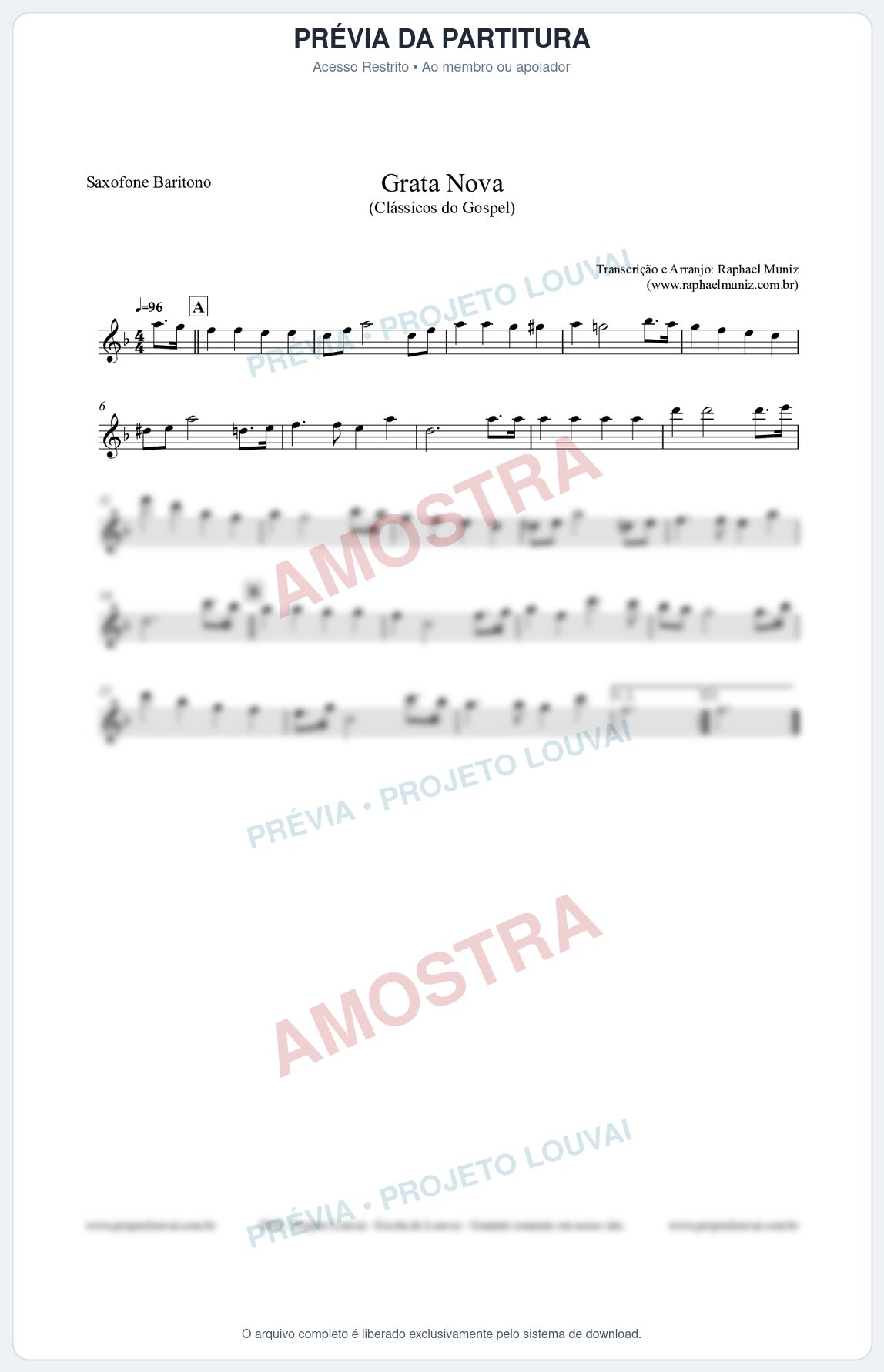 Prévia protegida da primeira página da partitura Partitura para Saxofone Barítono - Grata Nova - Harpa Cristã 18 (Tom Fm) - Clássicos do Gospel