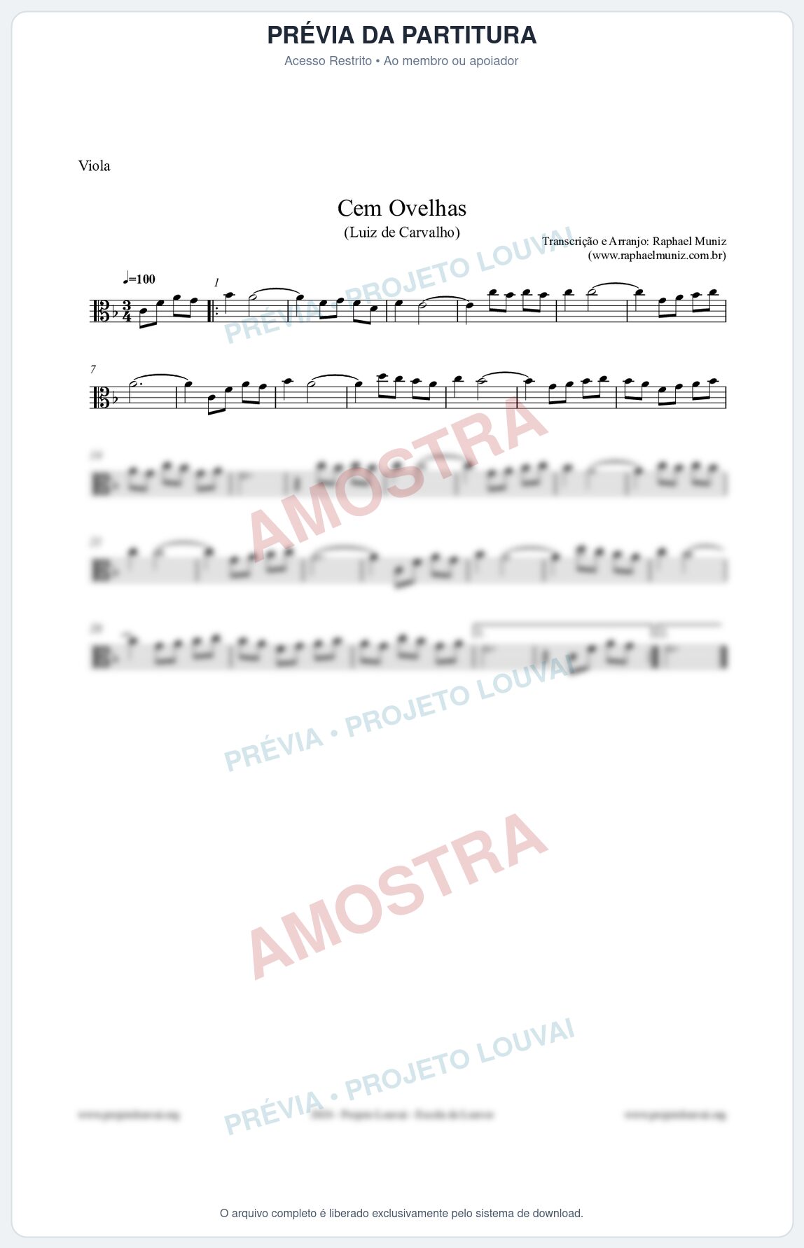 Prévia protegida da primeira página da partitura Partitura para Viola - Cem Ovelhas - Luiz de Carvalho