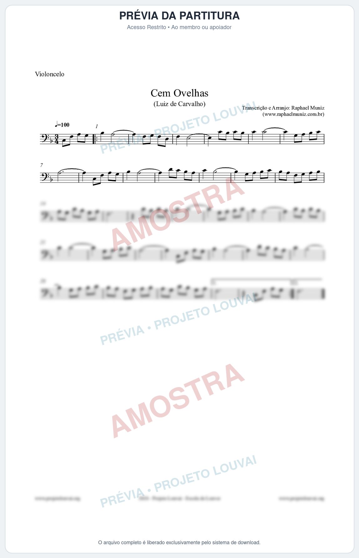 Prévia protegida da primeira página da partitura Partitura para Violoncelo - Cem Ovelhas - Luiz de Carvalho