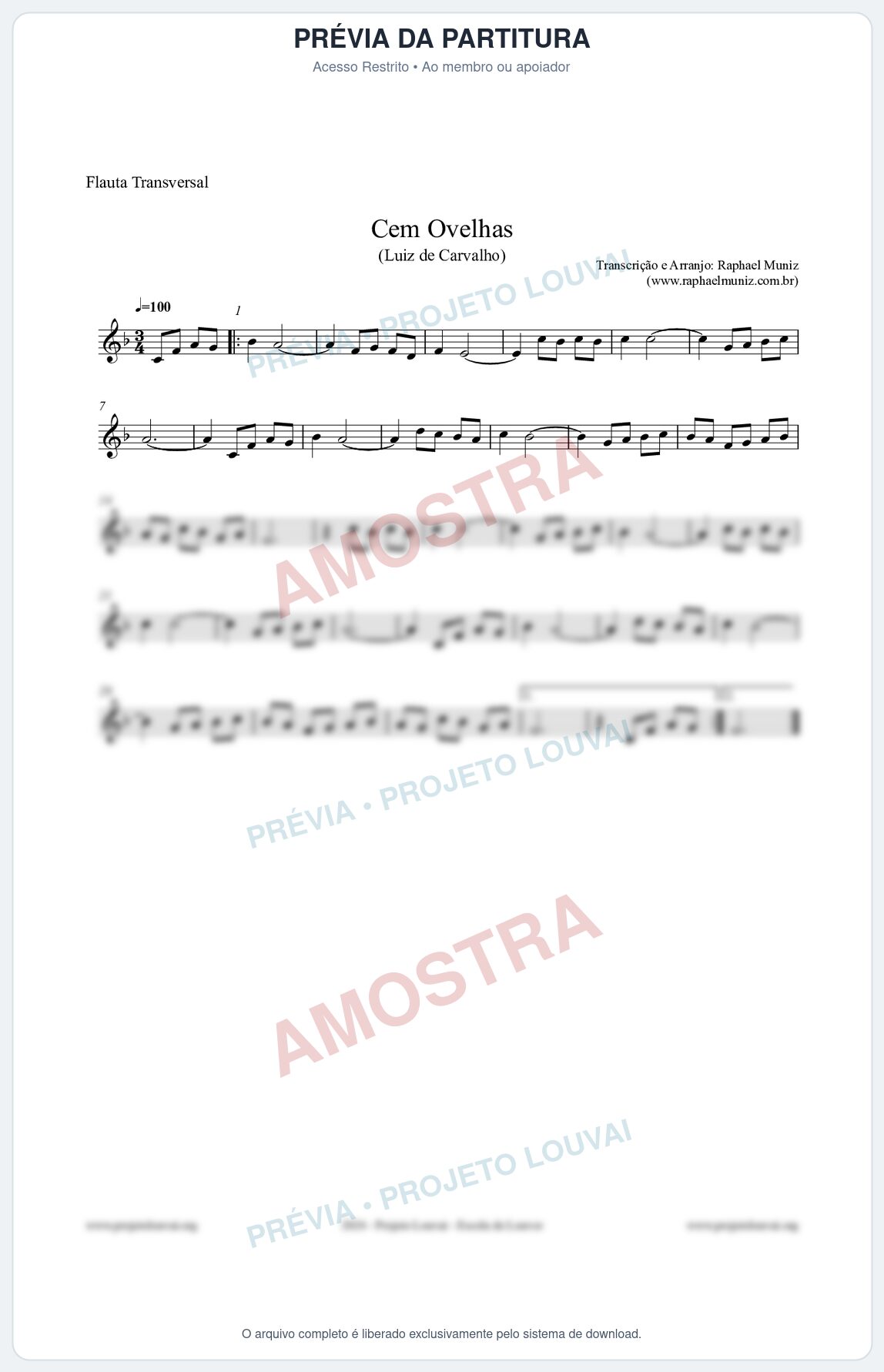 Prévia protegida da primeira página da partitura Partitura para Flauta Transversal - Cem Ovelhas - Luiz de Carvalho