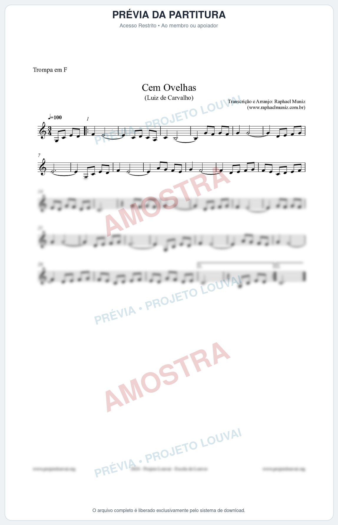 Prévia protegida da primeira página da partitura Partitura para Trompa em F - Cem Ovelhas - Luiz de Carvalho