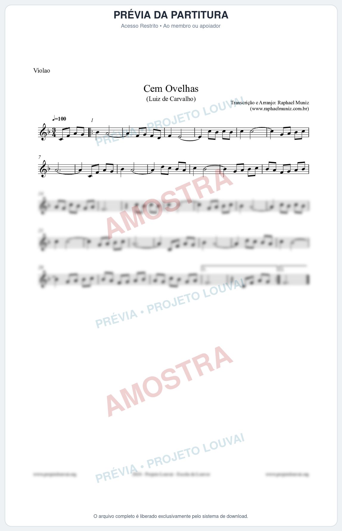 Prévia protegida da primeira página da partitura Partitura para Violão - Cem Ovelhas - Luiz de Carvalho