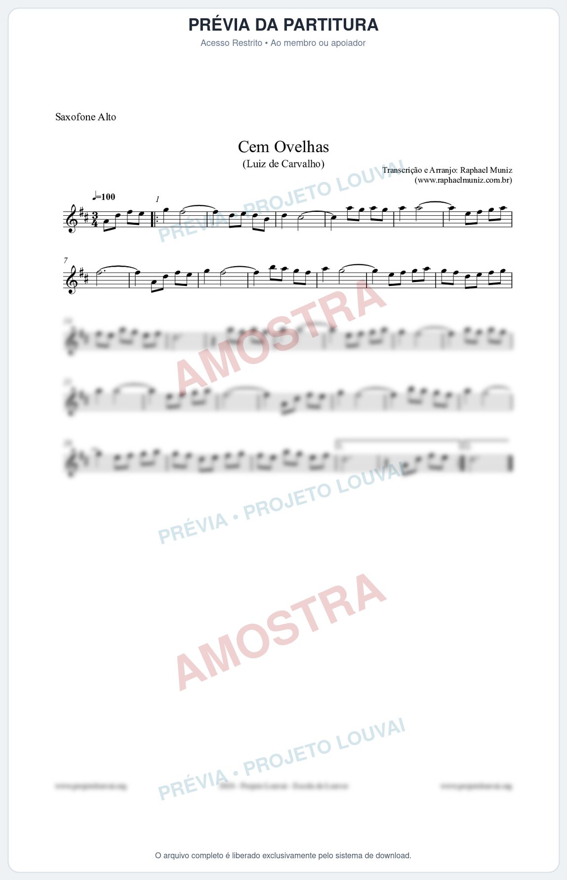 Prévia protegida da primeira página da partitura Partitura para Saxofone Alto - Cem Ovelhas - Luiz de Carvalho