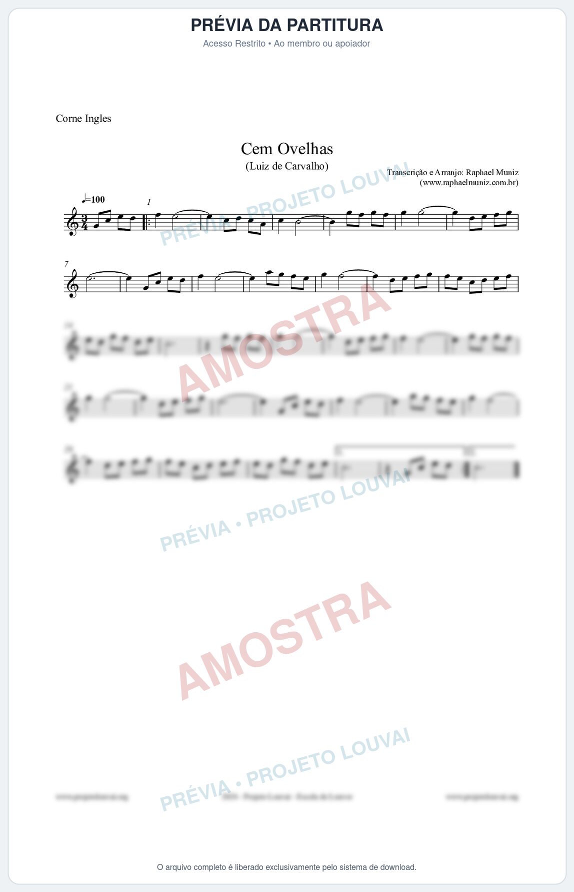 Prévia protegida da primeira página da partitura Partitura para Corne Inglês - Cem Ovelhas - Luiz de Carvalho