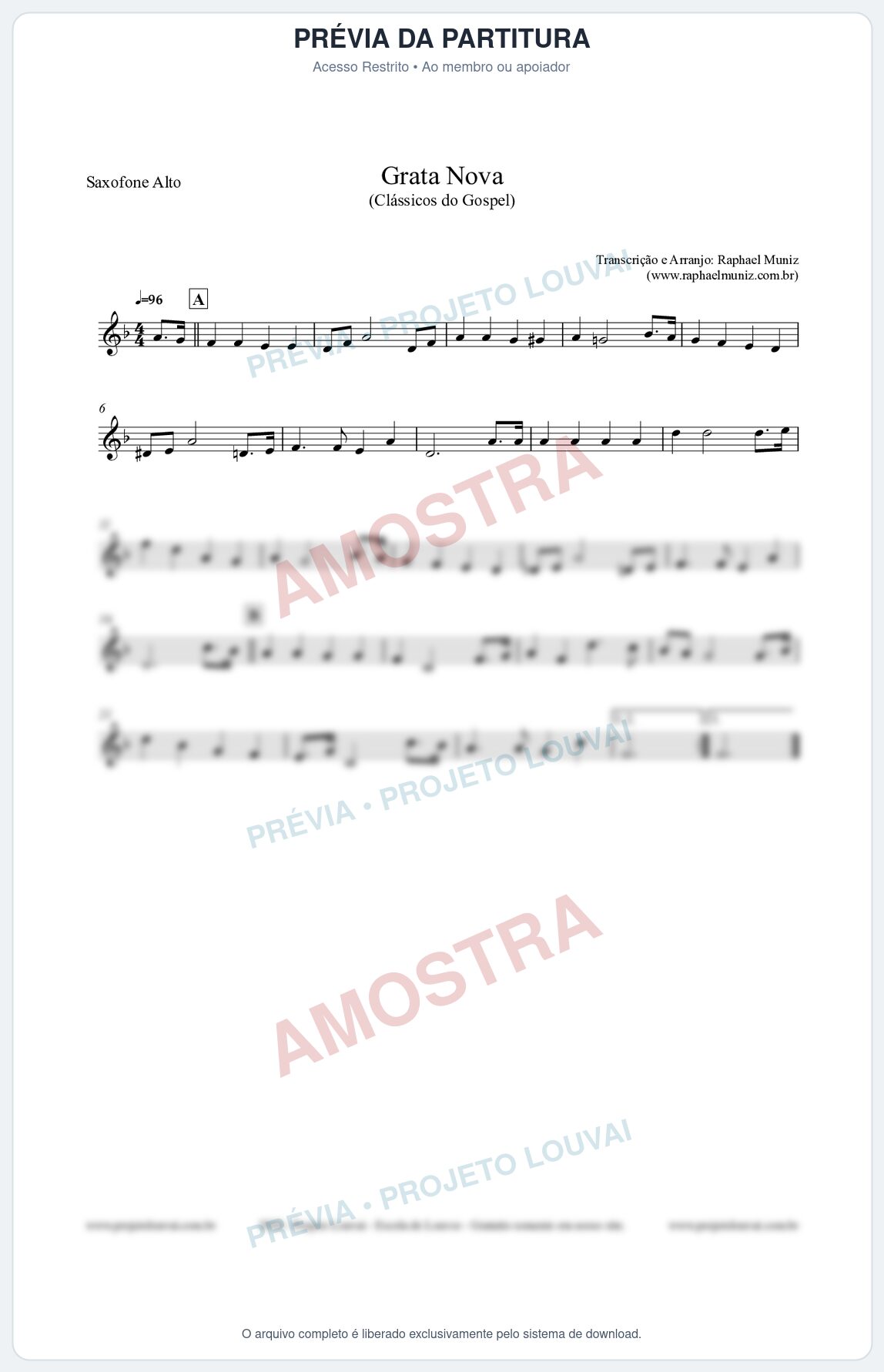 Prévia protegida da primeira página da partitura Partitura para Saxofone Alto - Grata Nova - Harpa Cristã 18 (Tom Fm) - Clássicos do Gospel