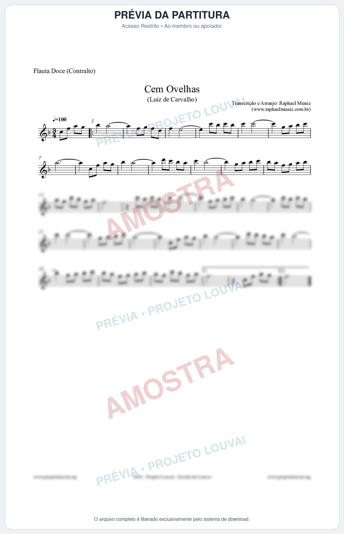 Prévia protegida da primeira página da partitura Partitura para Flauta Doce (Contralto) - Cem Ovelhas - Luiz de Carvalho