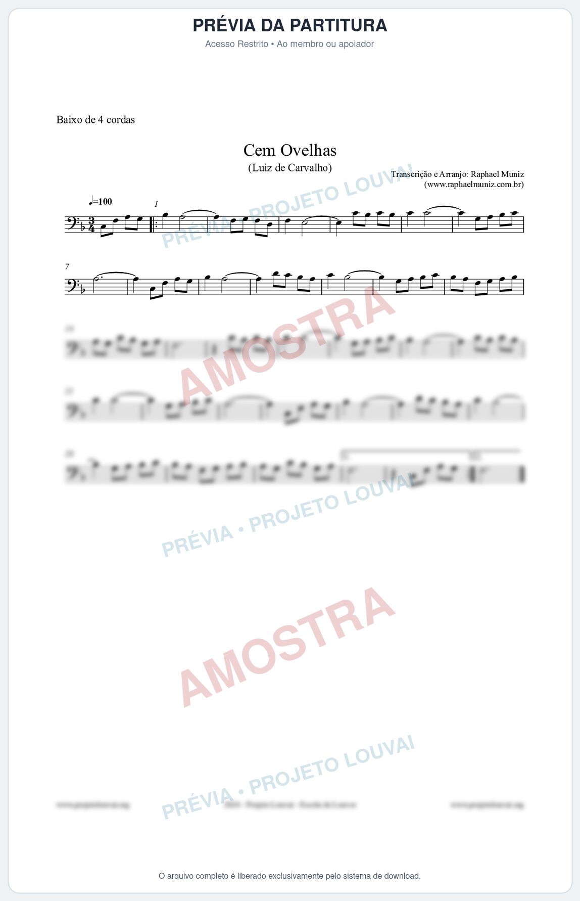 Prévia protegida da primeira página da partitura Partitura para Baixo de 4 cordas - Cem Ovelhas - Luiz de Carvalho