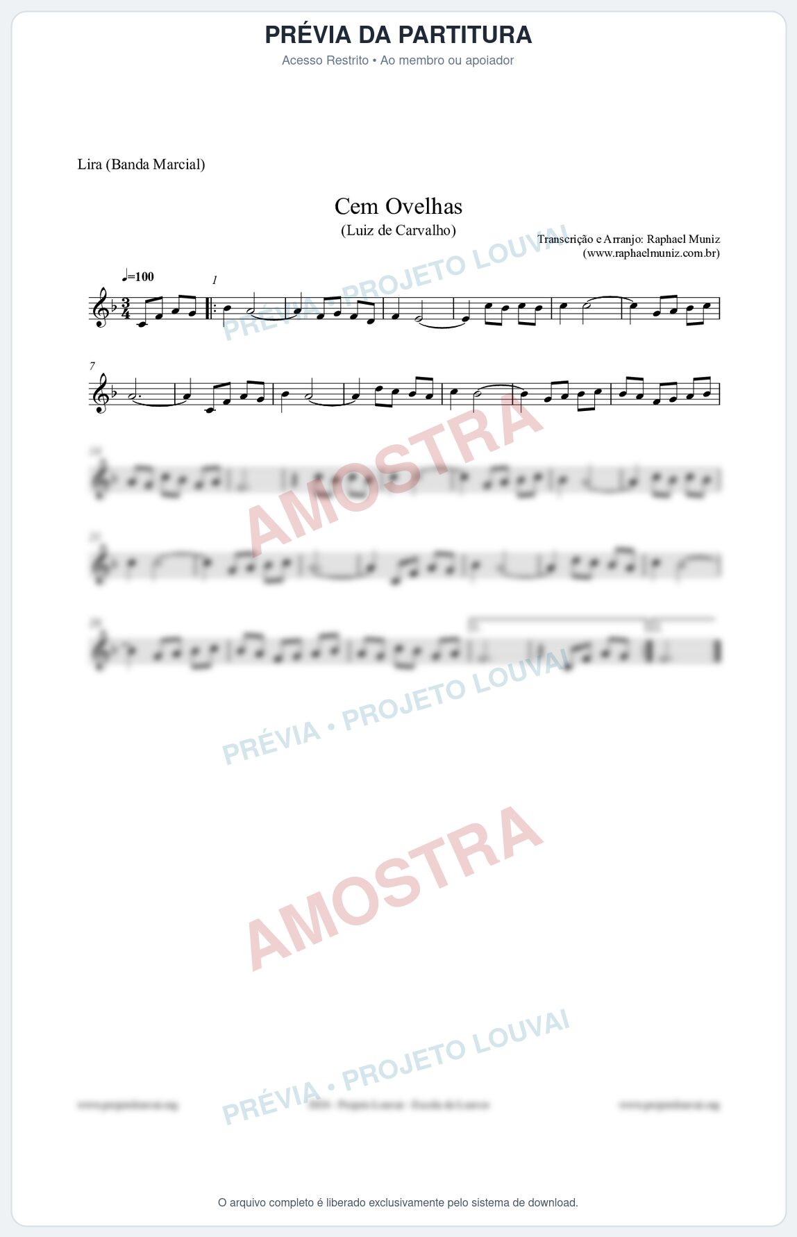 Prévia protegida da primeira página da partitura Partitura para Lira (Banda Marcial) - Cem Ovelhas - Luiz de Carvalho