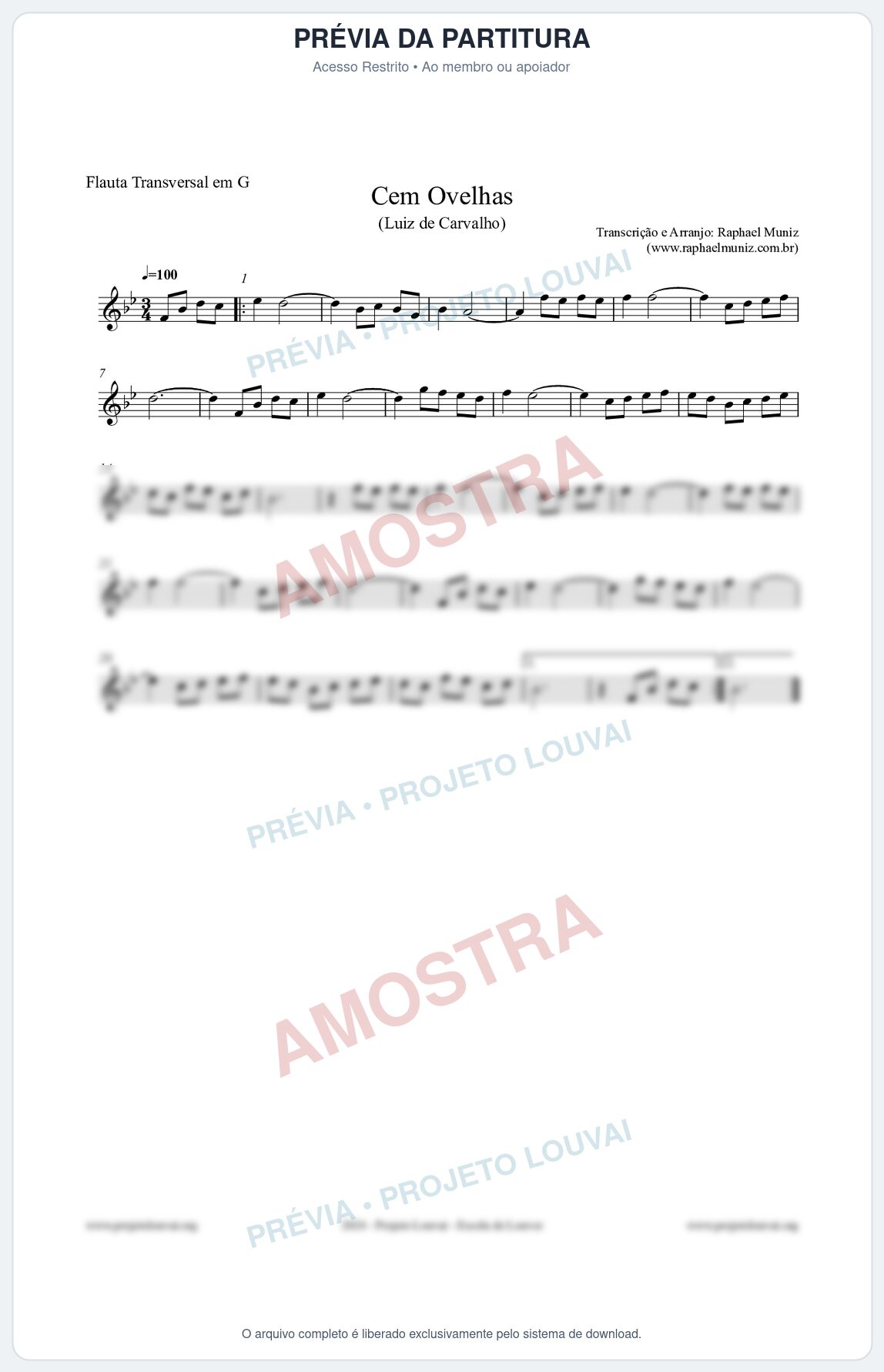 Prévia protegida da primeira página da partitura Partitura para Flauta Transversal em G - Cem Ovelhas - Luiz de Carvalho