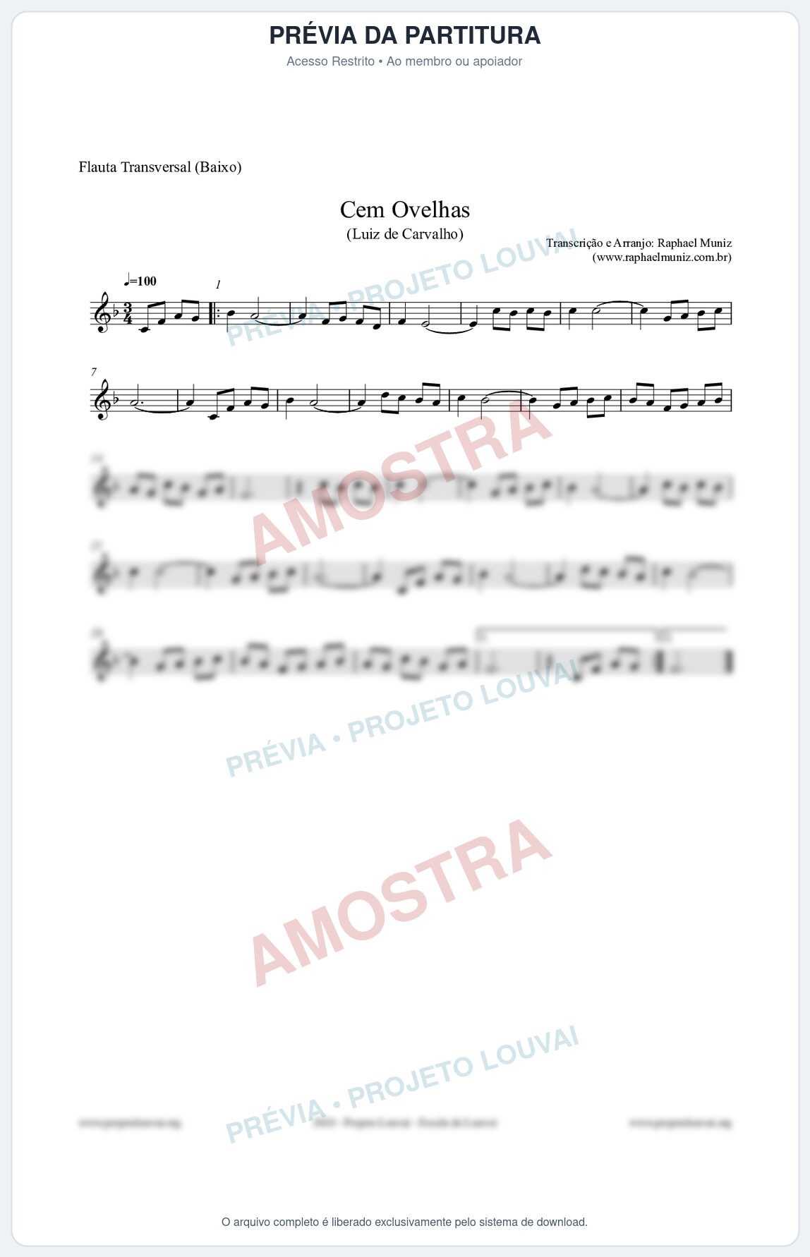 Prévia protegida da primeira página da partitura Partitura para Flauta Transversal (Baixo) - Cem Ovelhas - Luiz de Carvalho