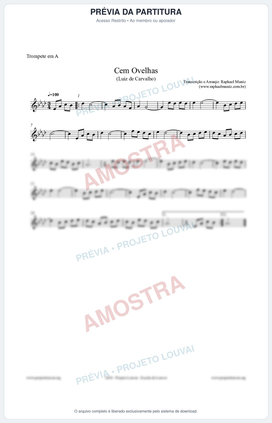 Prévia protegida da primeira página da partitura Partitura para Trompete em A - Cem Ovelhas - Luiz de Carvalho