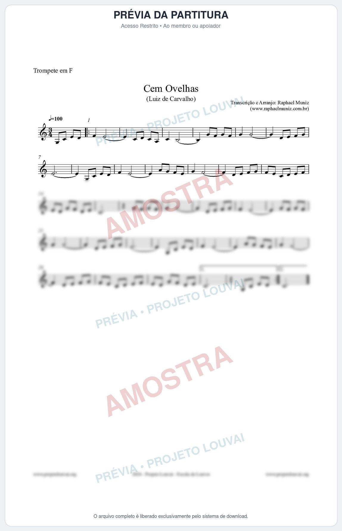 Prévia protegida da primeira página da partitura Partitura para Trompete em F - Cem Ovelhas - Luiz de Carvalho