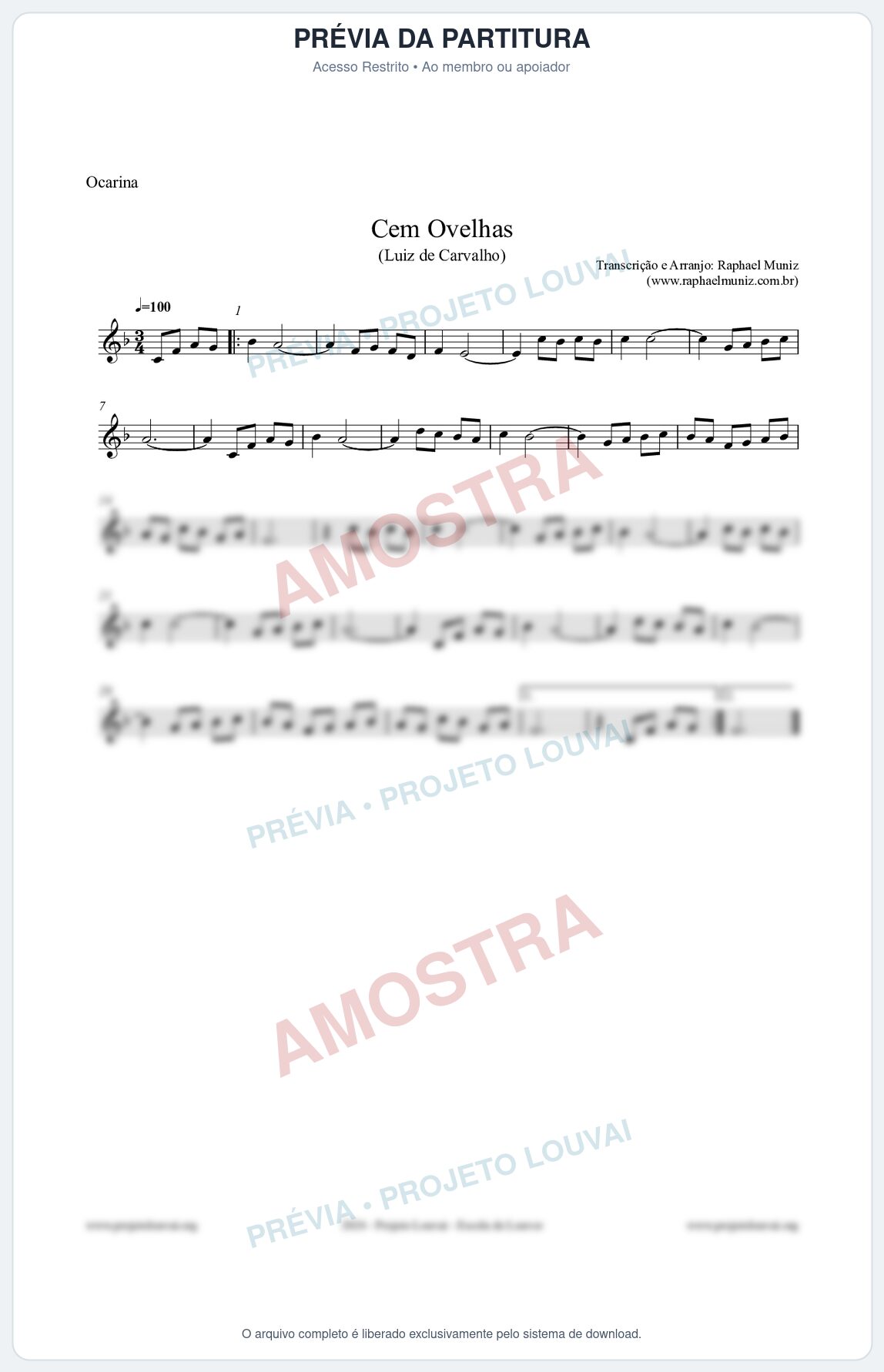 Prévia protegida da primeira página da partitura Partitura para Ocarina - Cem Ovelhas - Luiz de Carvalho