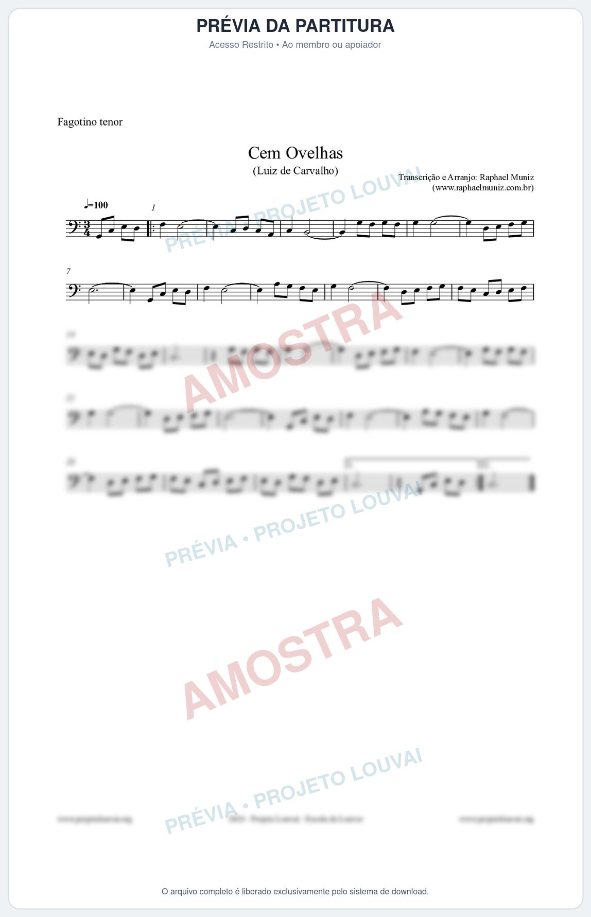 Prévia protegida da primeira página da partitura Partitura para Fagotino tenor - Cem Ovelhas - Luiz de Carvalho