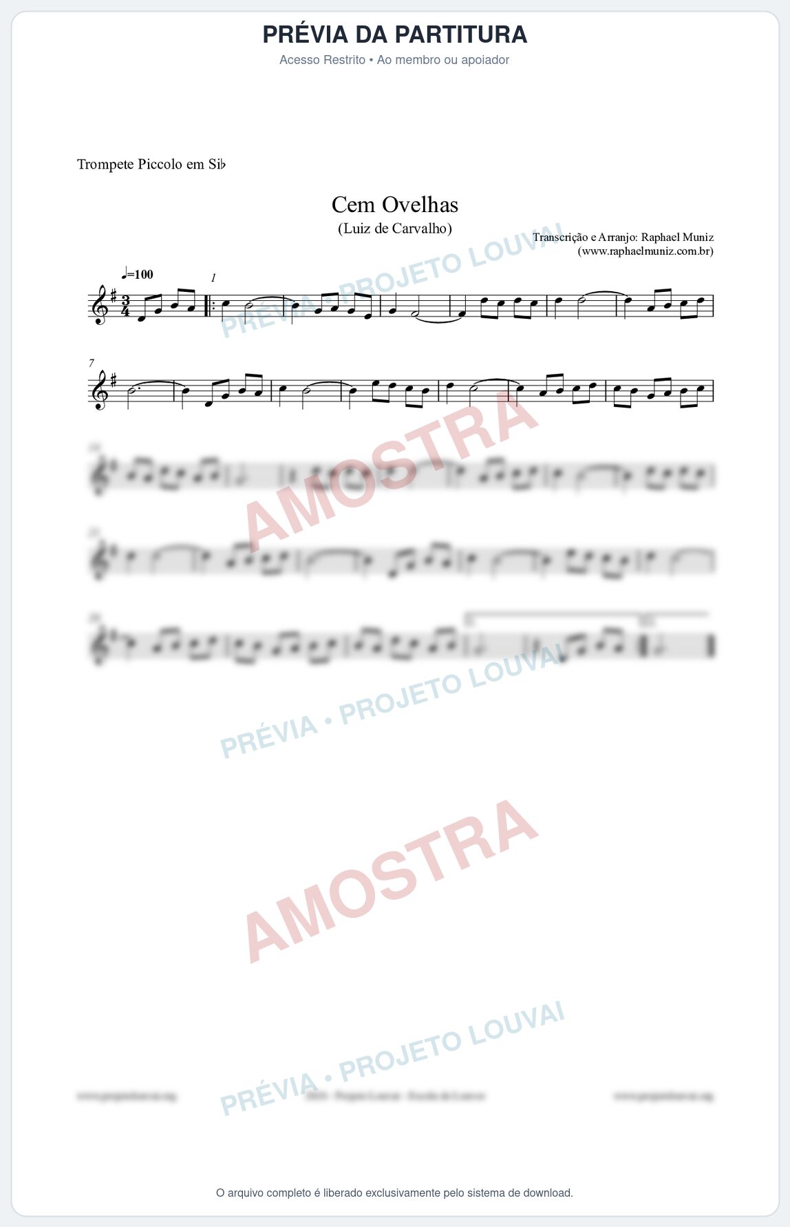 Prévia protegida da primeira página da partitura Partitura para Trompete Piccolo em Sib - Cem Ovelhas - Luiz de Carvalho