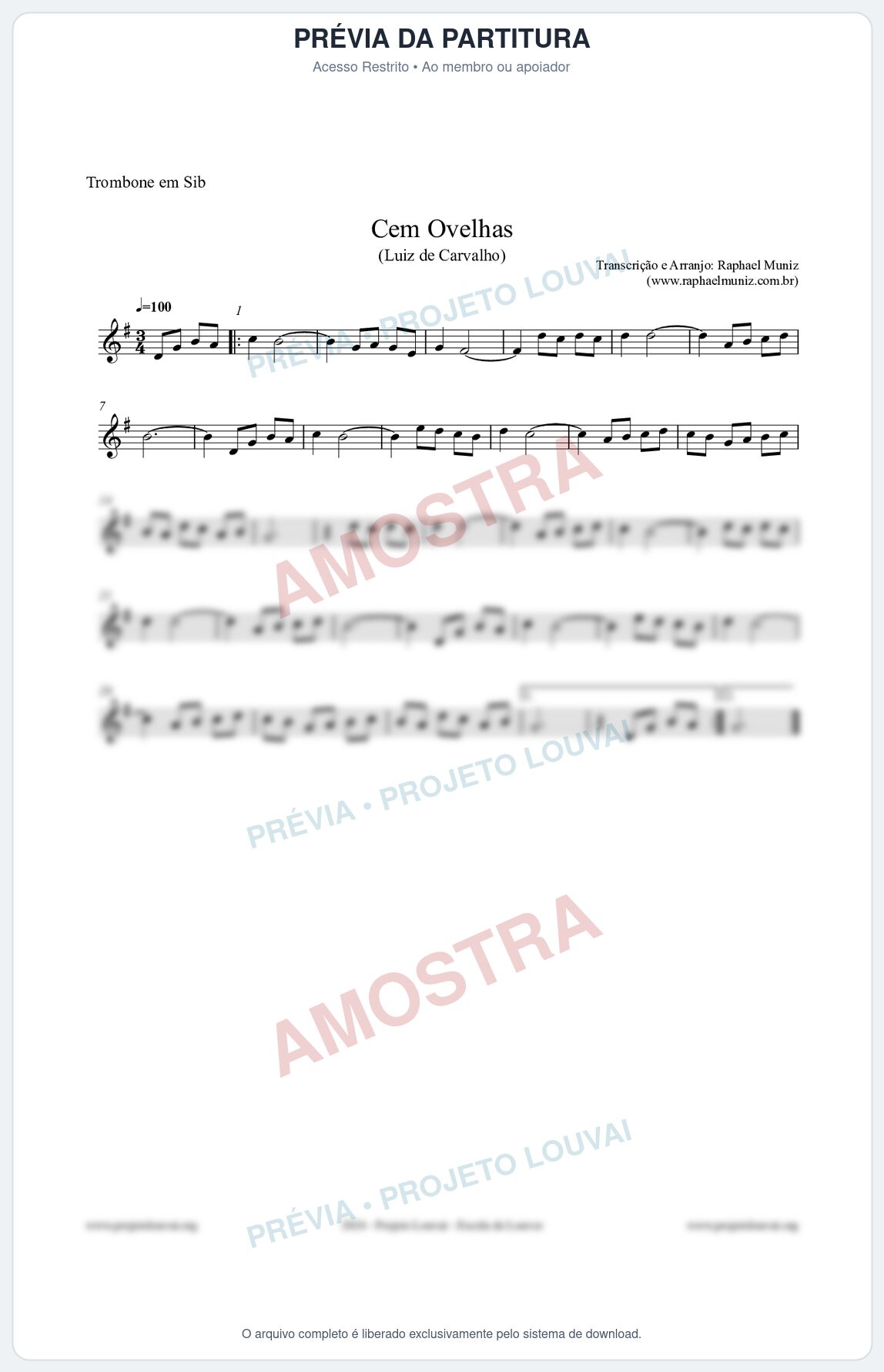 Prévia protegida da primeira página da partitura Partitura para Trombone em Sib - Cem Ovelhas - Luiz de Carvalho