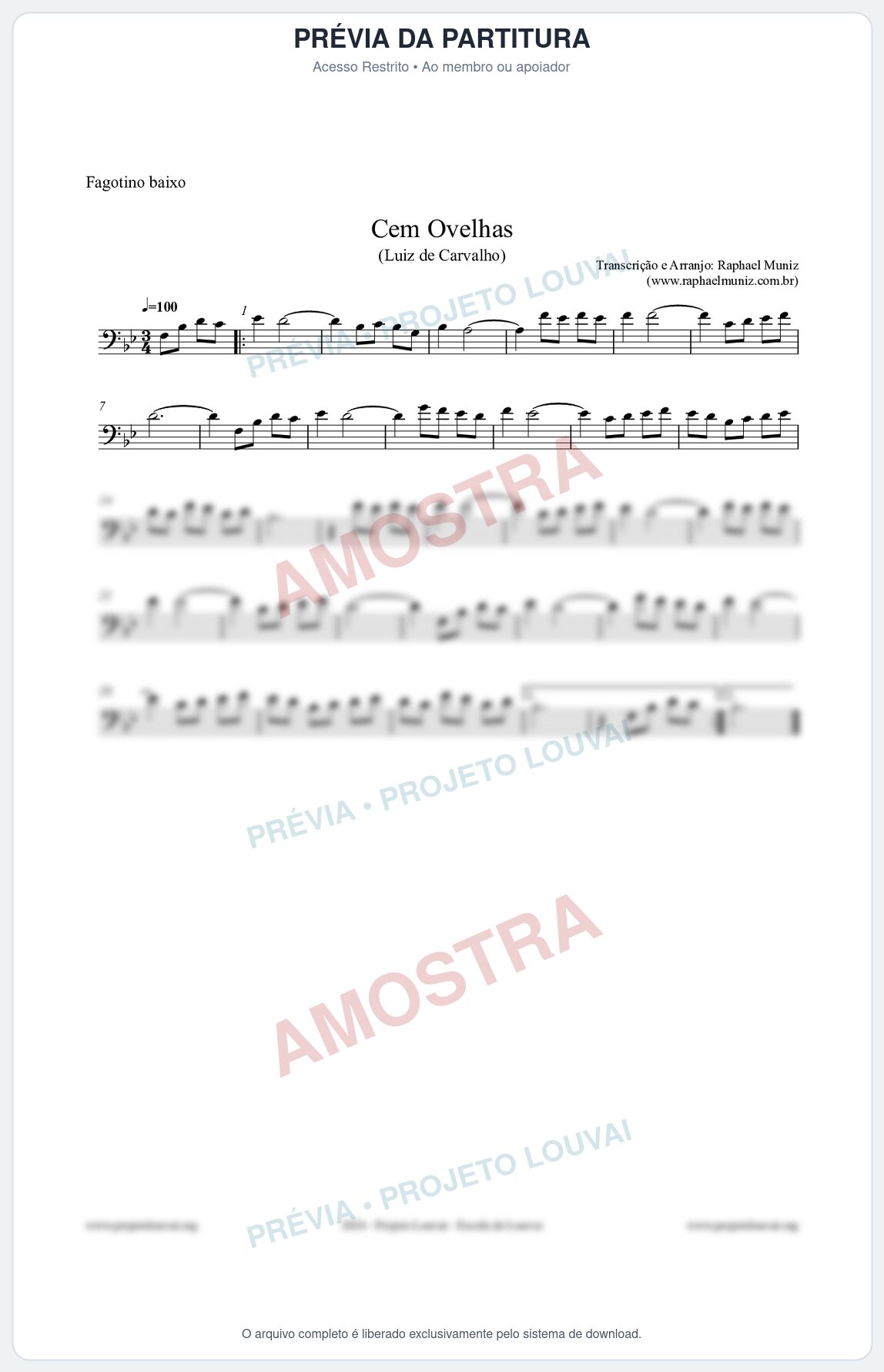 Prévia protegida da primeira página da partitura Partitura para Fagotino baixo - Cem Ovelhas - Luiz de Carvalho