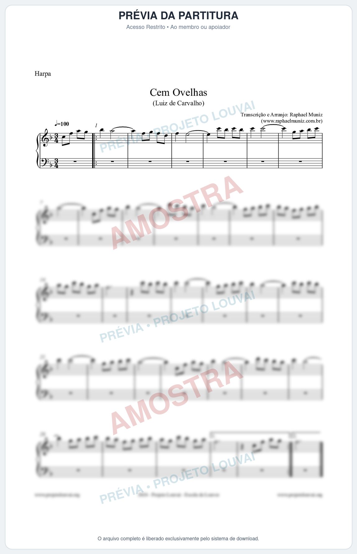 Prévia protegida da primeira página da partitura Partitura para Harpa - Cem Ovelhas - Luiz de Carvalho
