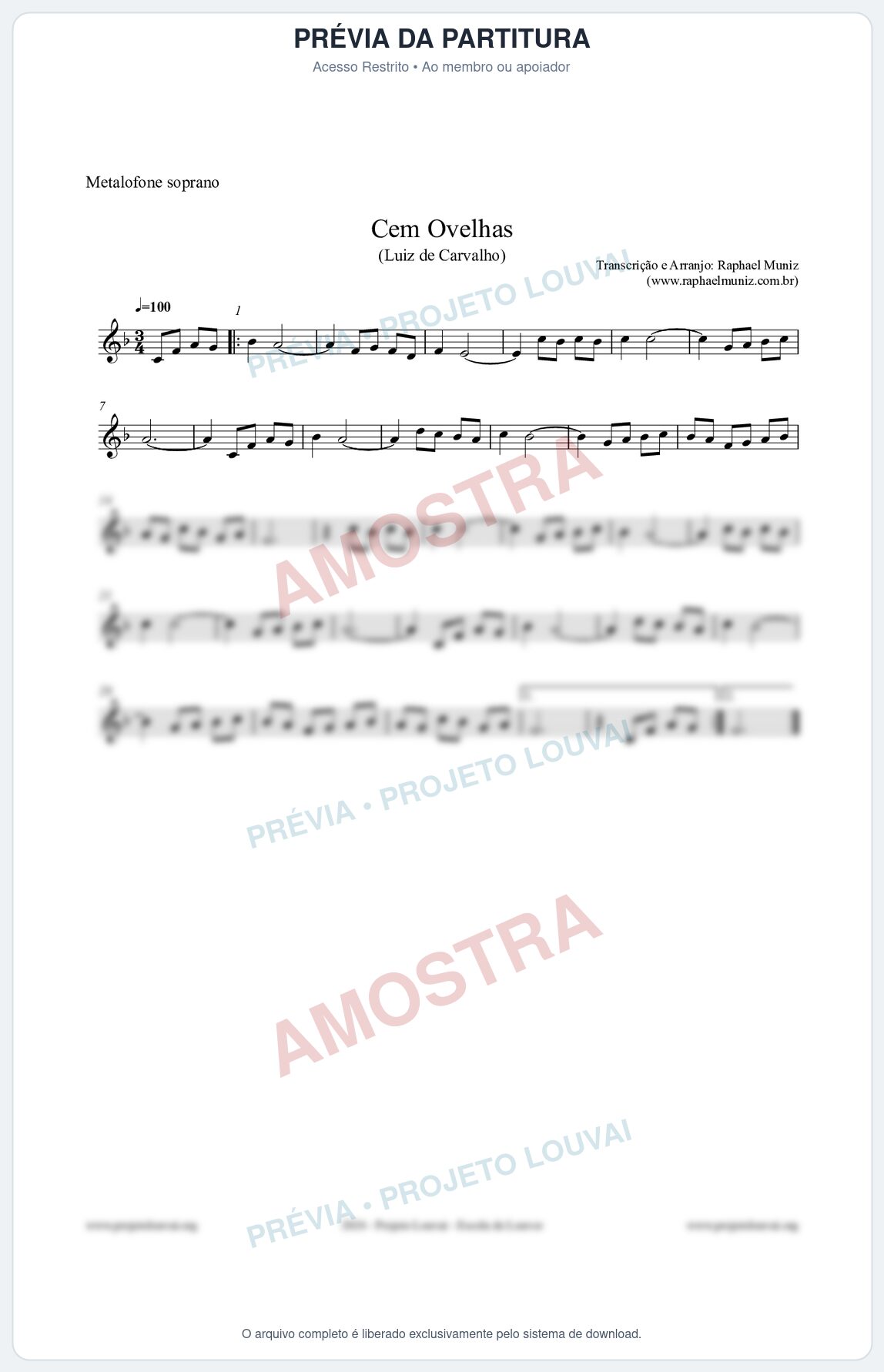 Prévia protegida da primeira página da partitura Partitura para Metalofone soprano - Cem Ovelhas - Luiz de Carvalho