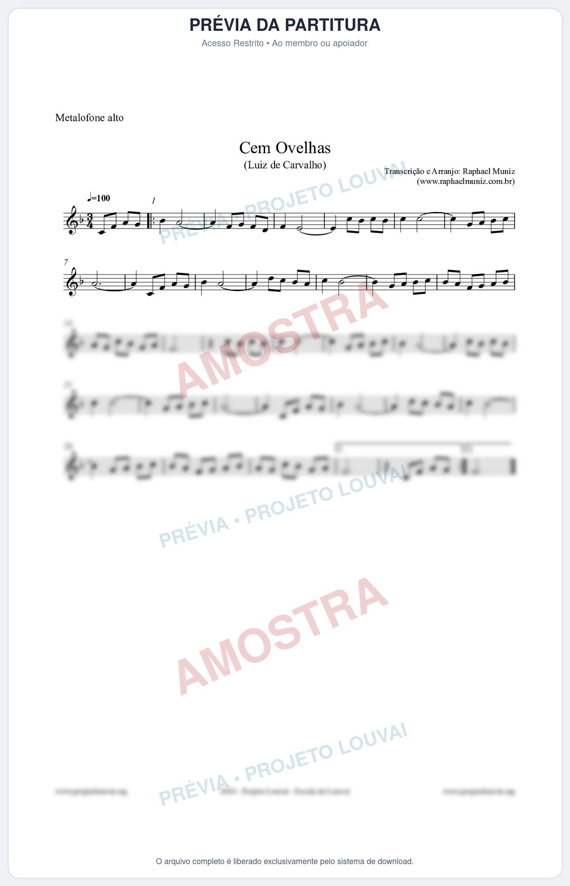 Prévia protegida da primeira página da partitura Partitura para Metalofone alto - Cem Ovelhas - Luiz de Carvalho