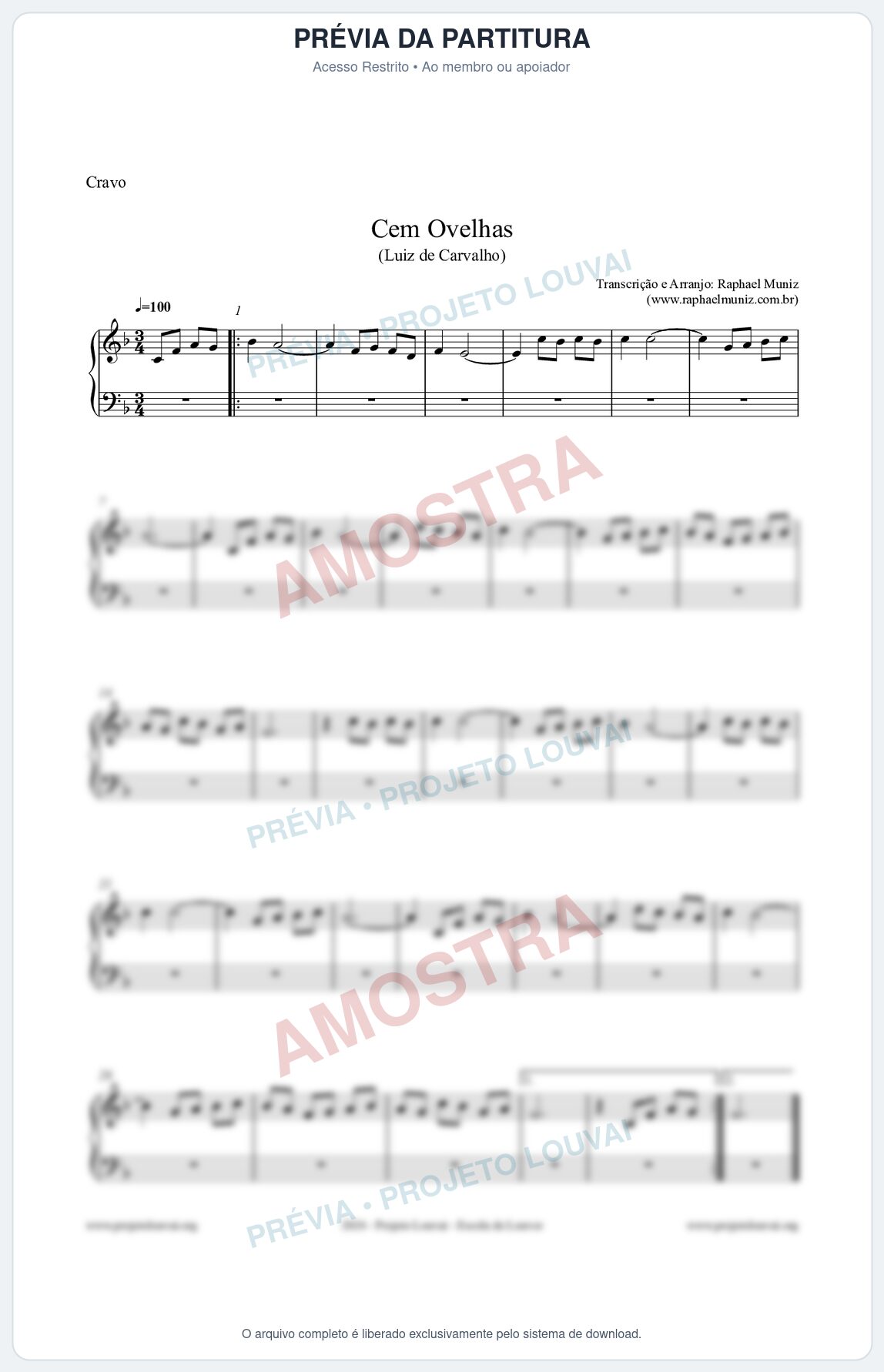 Prévia protegida da primeira página da partitura Partitura para Cravo - Cem Ovelhas - Luiz de Carvalho