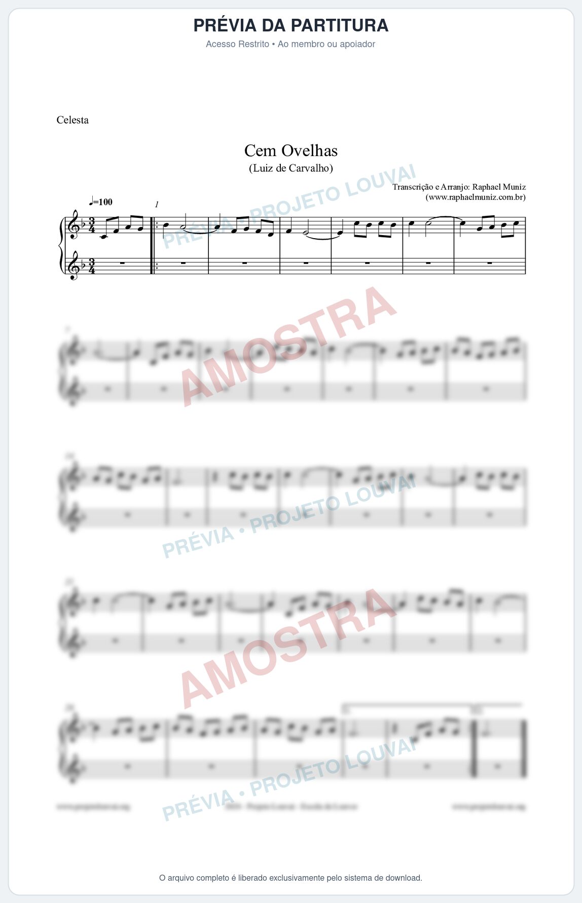 Prévia protegida da primeira página da partitura Partitura para Celesta - Cem Ovelhas - Luiz de Carvalho
