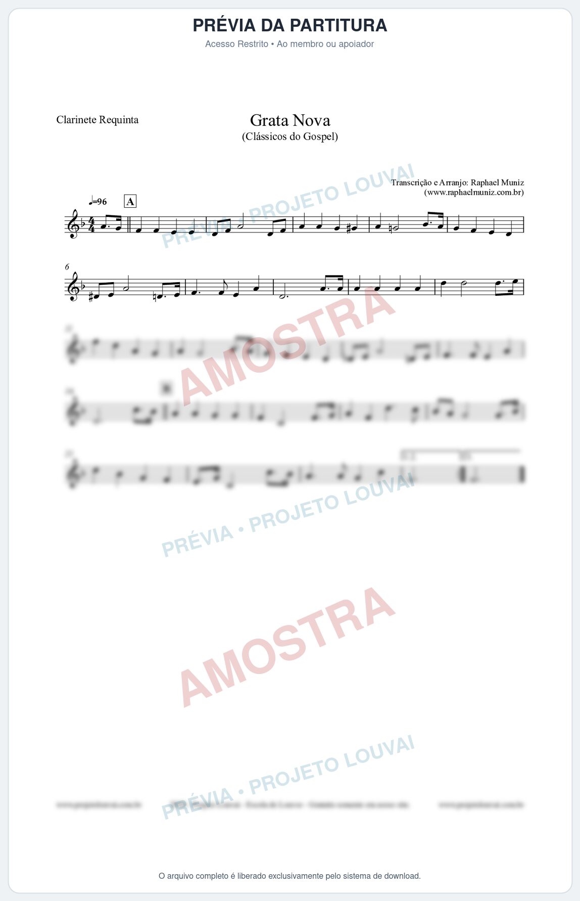 Prévia protegida da primeira página da partitura Partitura para Clarinete Requinta - Grata Nova - Harpa Cristã 18 (Tom Fm) - Clássicos do Gospel