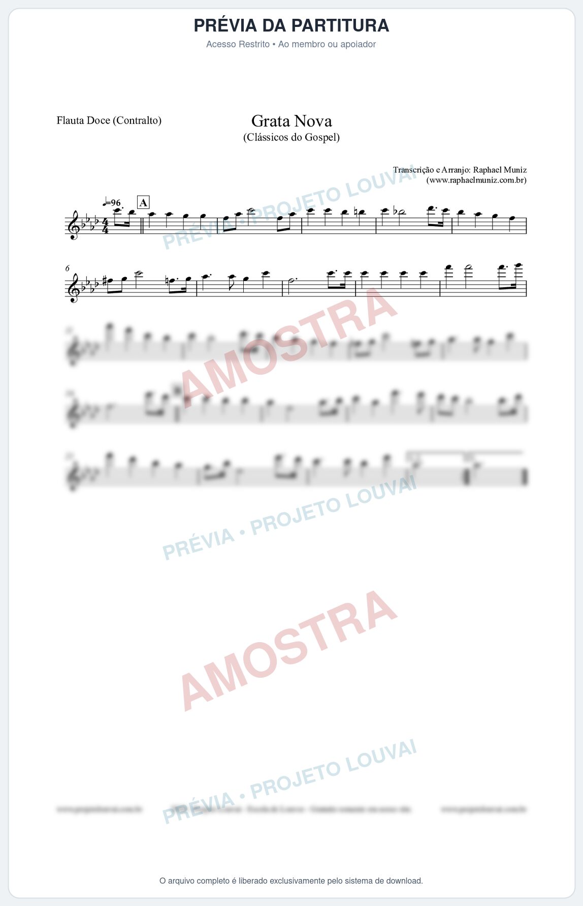 Prévia protegida da primeira página da partitura Partitura para Flauta Doce (Contralto) - Grata Nova - Harpa Cristã 18 (Tom Fm) - Clássicos do Gospel