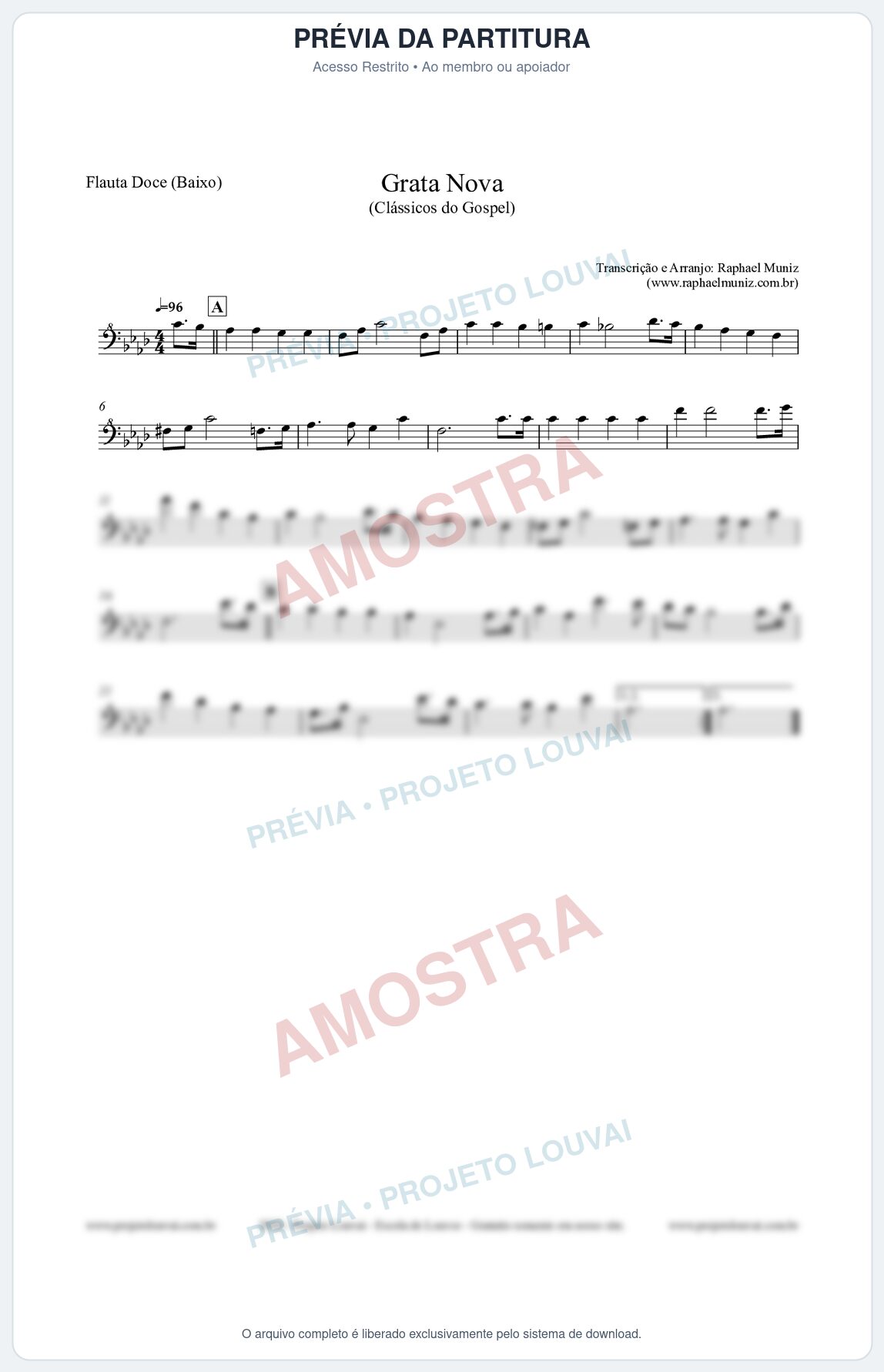 Prévia protegida da primeira página da partitura Partitura para Flauta Doce (Baixo) - Grata Nova - Harpa Cristã 18 (Tom Fm) - Clássicos do Gospel
