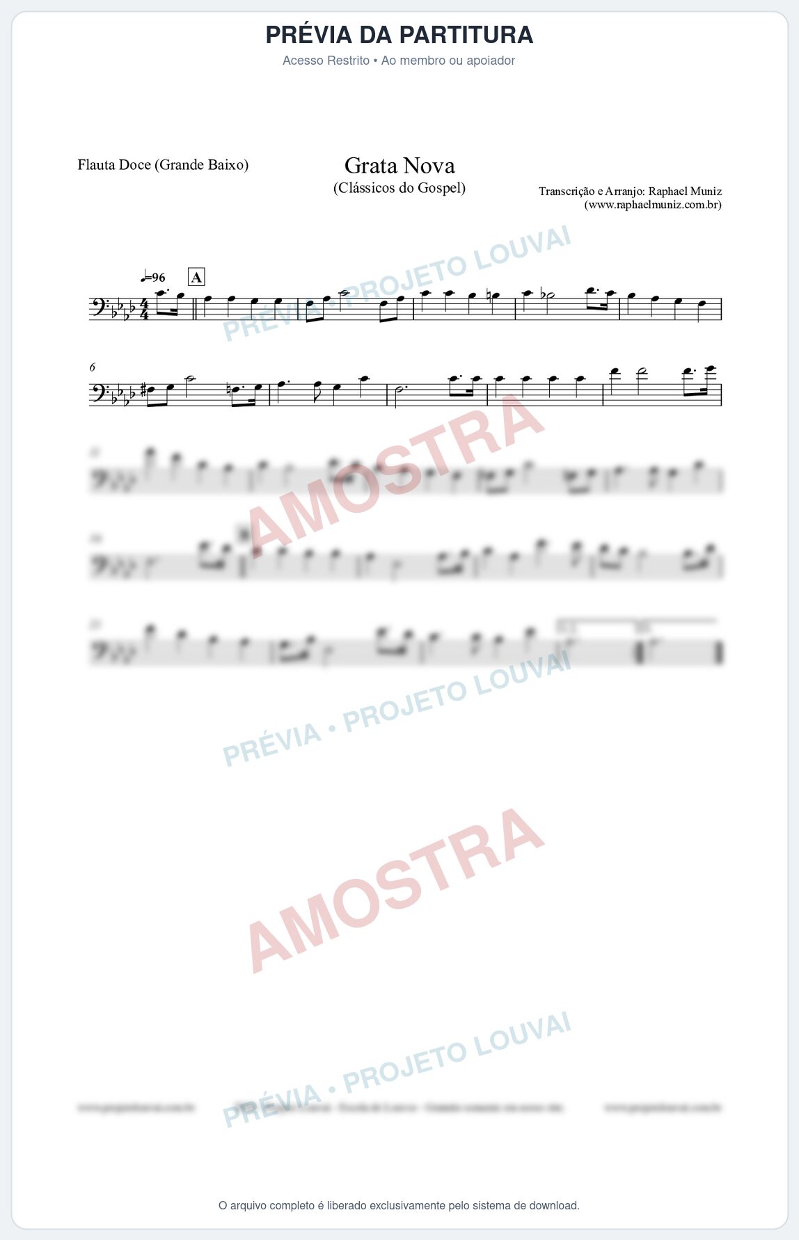 Prévia protegida da primeira página da partitura Partitura para Flauta Doce (Grande Baixo) - Grata Nova - Harpa Cristã 18 (Tom Fm) - Clássicos do Gospel