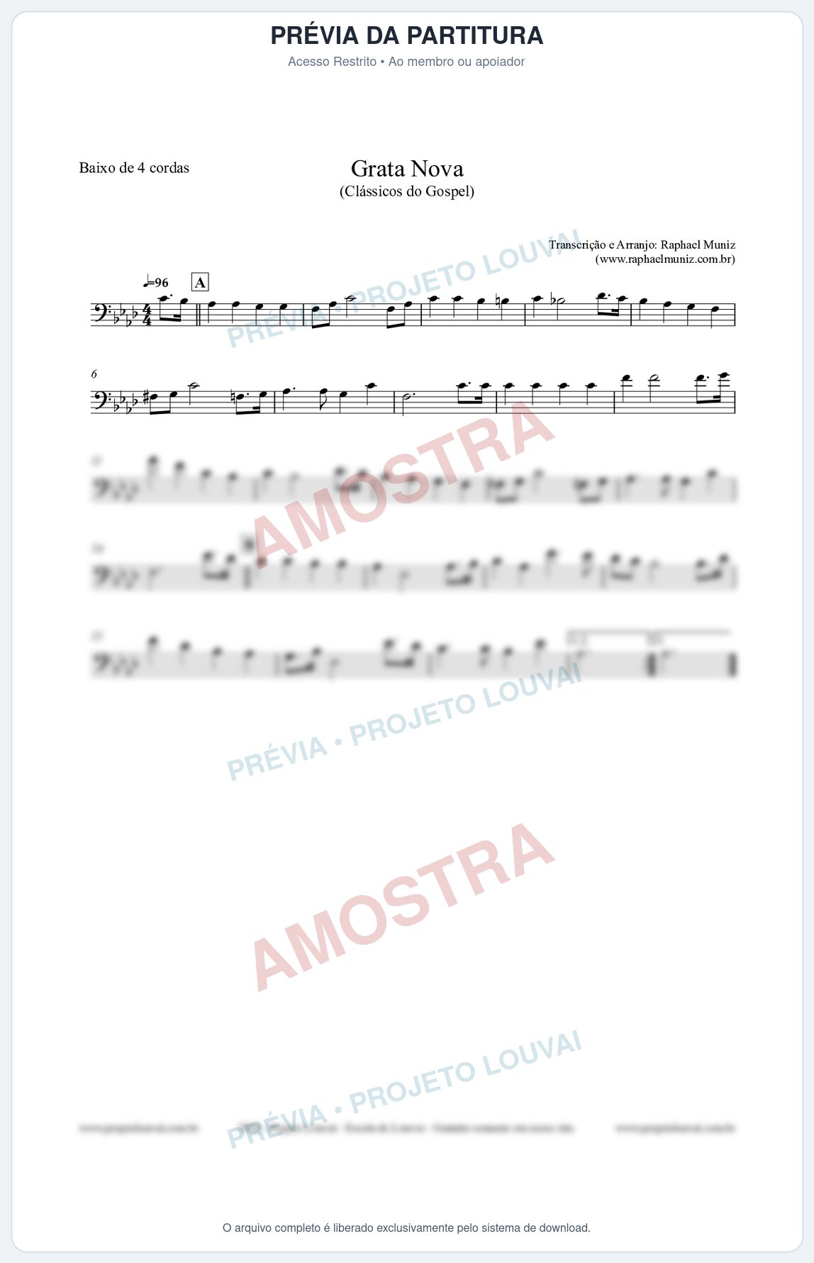 Prévia protegida da primeira página da partitura Partitura para Baixo de 4 cordas - Grata Nova - Harpa Cristã 18 (Tom Fm) - Clássicos do Gospel