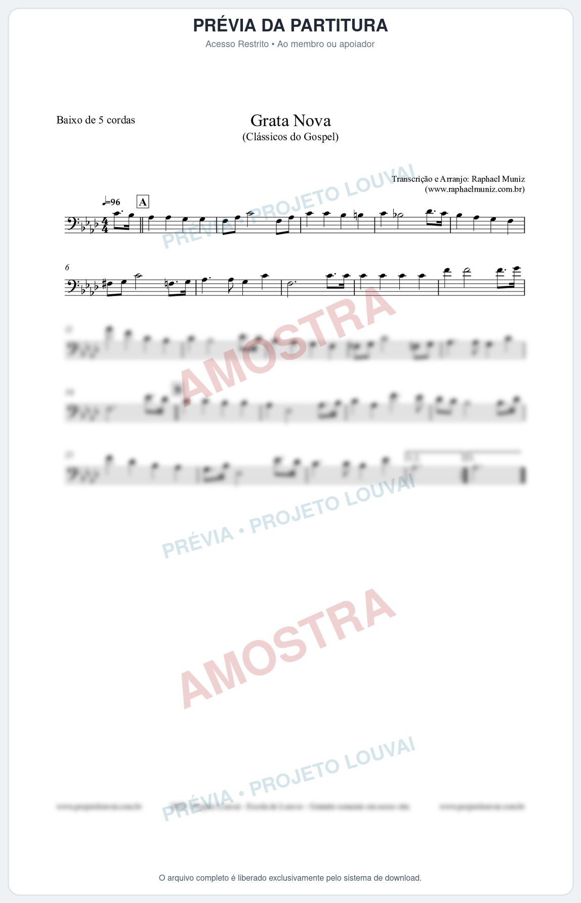 Prévia protegida da primeira página da partitura Partitura para Baixo de 5 cordas - Grata Nova - Harpa Cristã 18 (Tom Fm) - Clássicos do Gospel