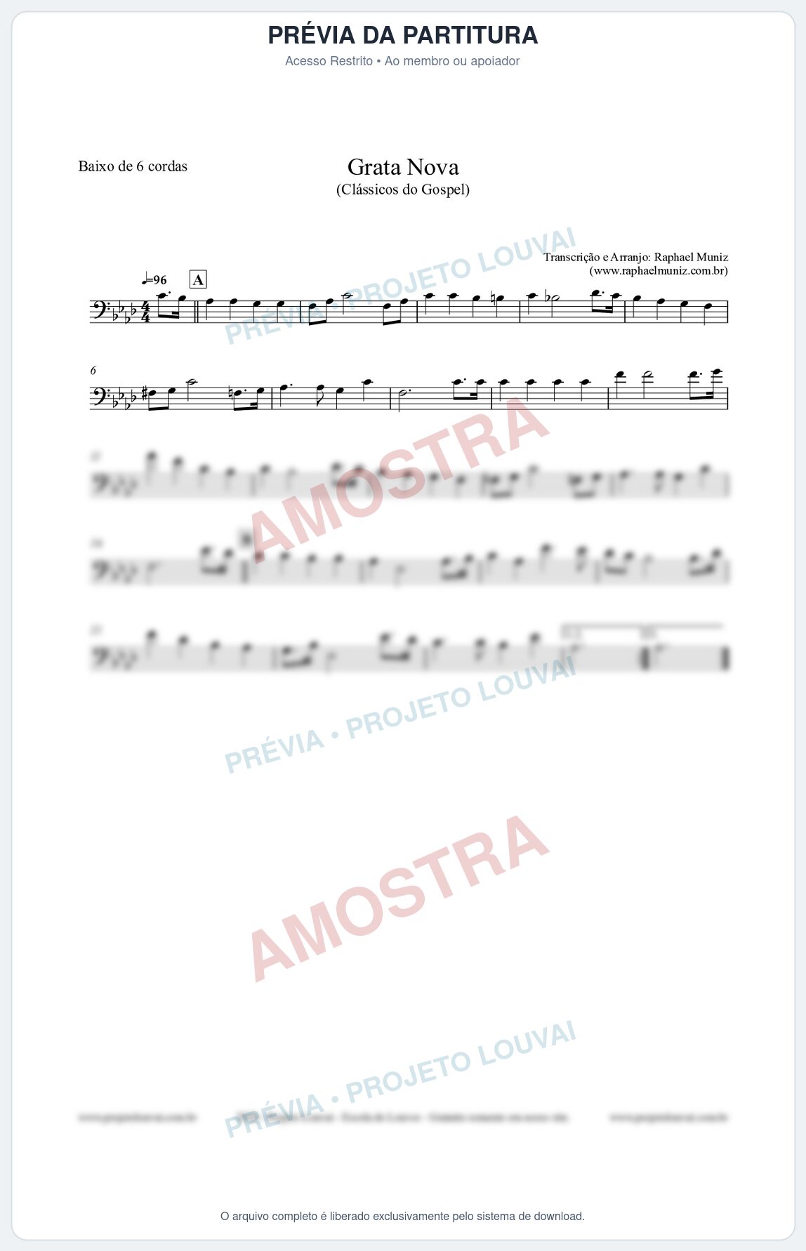 Prévia protegida da primeira página da partitura Partitura para Baixo de 6 cordas - Grata Nova - Harpa Cristã 18 (Tom Fm) - Clássicos do Gospel