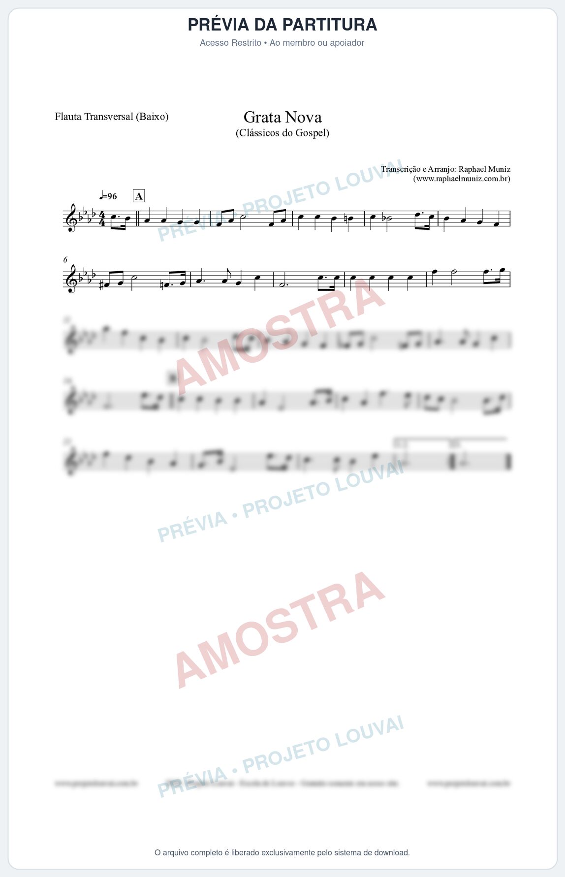 Prévia protegida da primeira página da partitura Partitura para Flauta Transversal (Baixo) - Grata Nova - Harpa Cristã 18 (Tom Fm) - Clássicos do Gospel