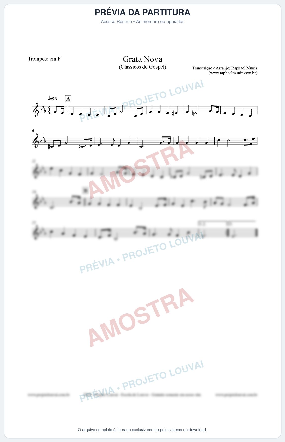 Prévia protegida da primeira página da partitura Partitura para Trompete em F - Grata Nova - Harpa Cristã 18 (Tom Fm) - Clássicos do Gospel