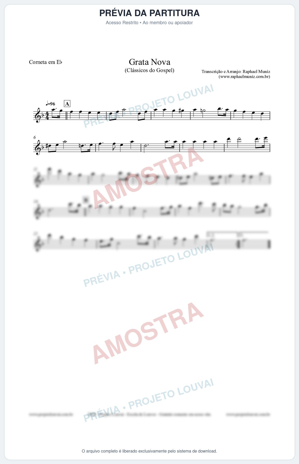 Prévia protegida da primeira página da partitura Partitura para Corneta em Eb - Grata Nova - Harpa Cristã 18 (Tom Fm) - Clássicos do Gospel