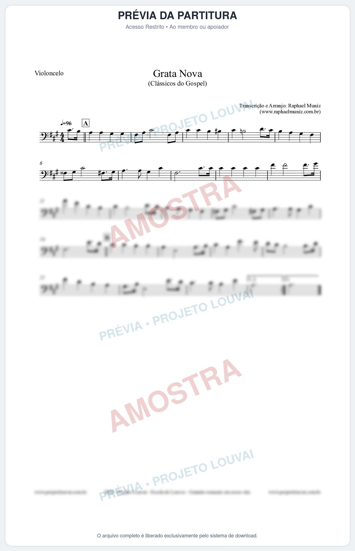 Prévia protegida da primeira página da partitura Partitura para Violoncelo - Grata Nova - Harpa Cristã 18 (Tom F#m) - Clássicos do Gospel